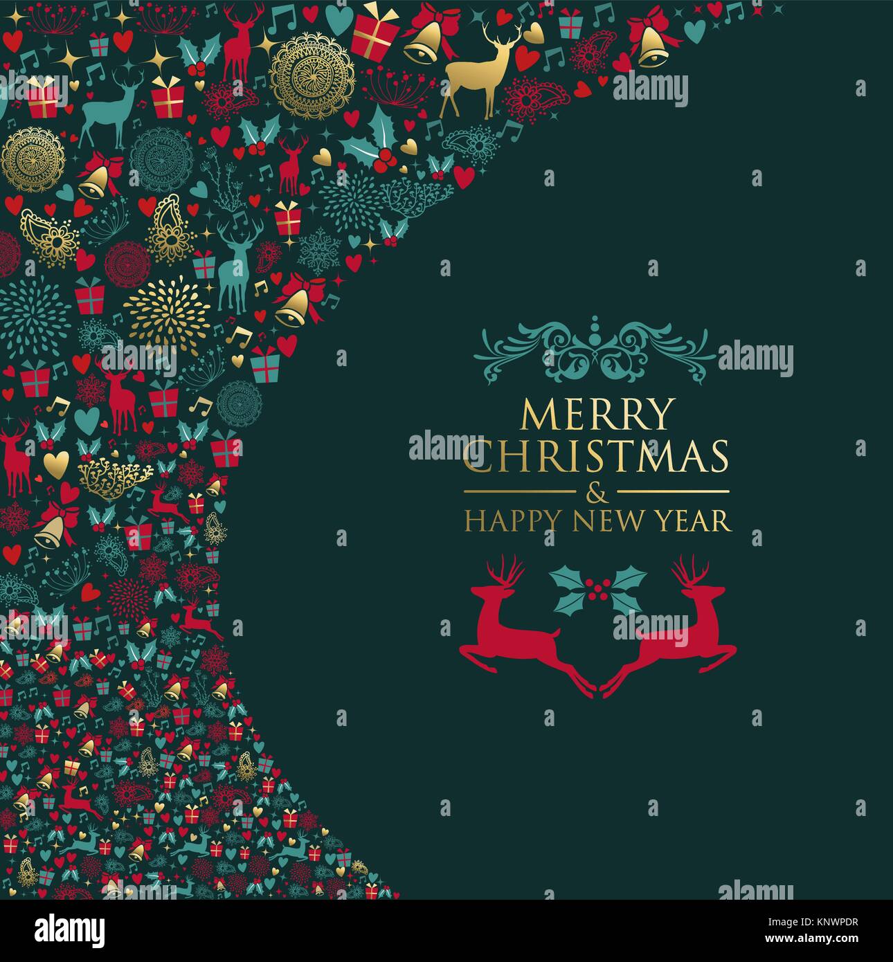 Merry Christmas Happy New Year decoration in gold color with deer and ...