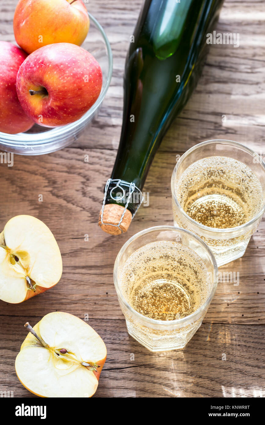 Bottle and two glasses of cider Stock Photo Alamy