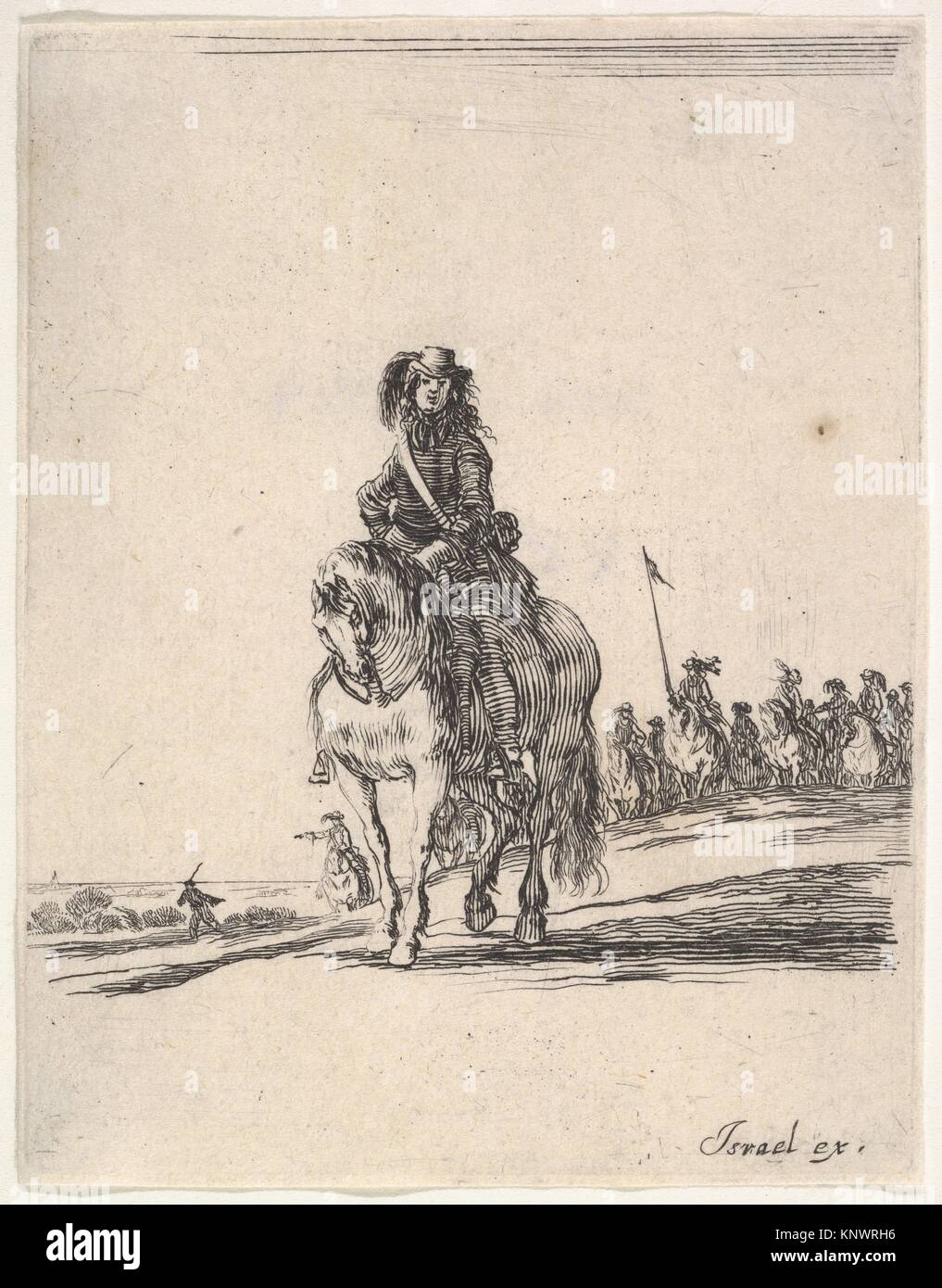 A horseman, facing front, a group of horsemen in background to the right, from ´Various cavalry exercises´ (Diverses exercices de cavalerie). Stock Photo