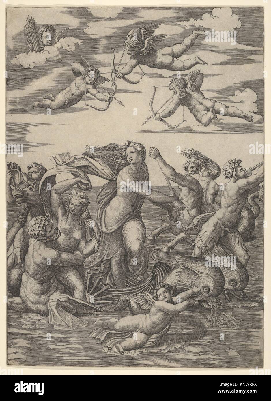 Galatea standing in a water-chariot pulled by two dolphins, surrounded by tritons, nereids, and putti, three of which prepare to shoot arrows from Stock Photo