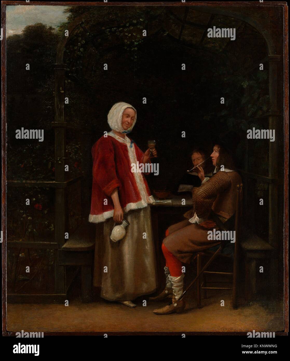 A Woman and Two Men in an Arbor. Artist: Pieter de Hooch (Dutch, Rotterdam 1629-1684 Amsterdam); Date: ca. 1657-58; Medium: Oil on wood; Dimensions: Stock Photo