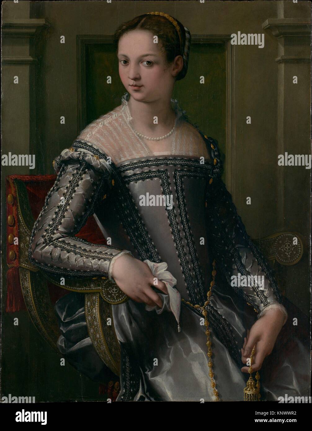 Portrait of a Woman. Artist: Italian (Florentine) Painter (mid-16th century); Medium: Oil on wood; Dimensions: 38 1/2 x 30 in. (97.8 x 76.2 cm); Stock Photo