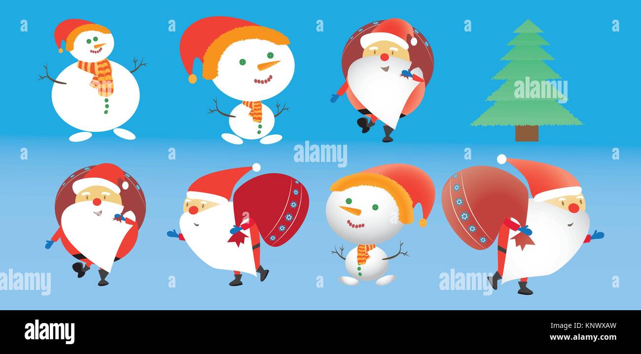 A set of Christmas heroes. Santa Clauses and Snowmen. Stock Vector
