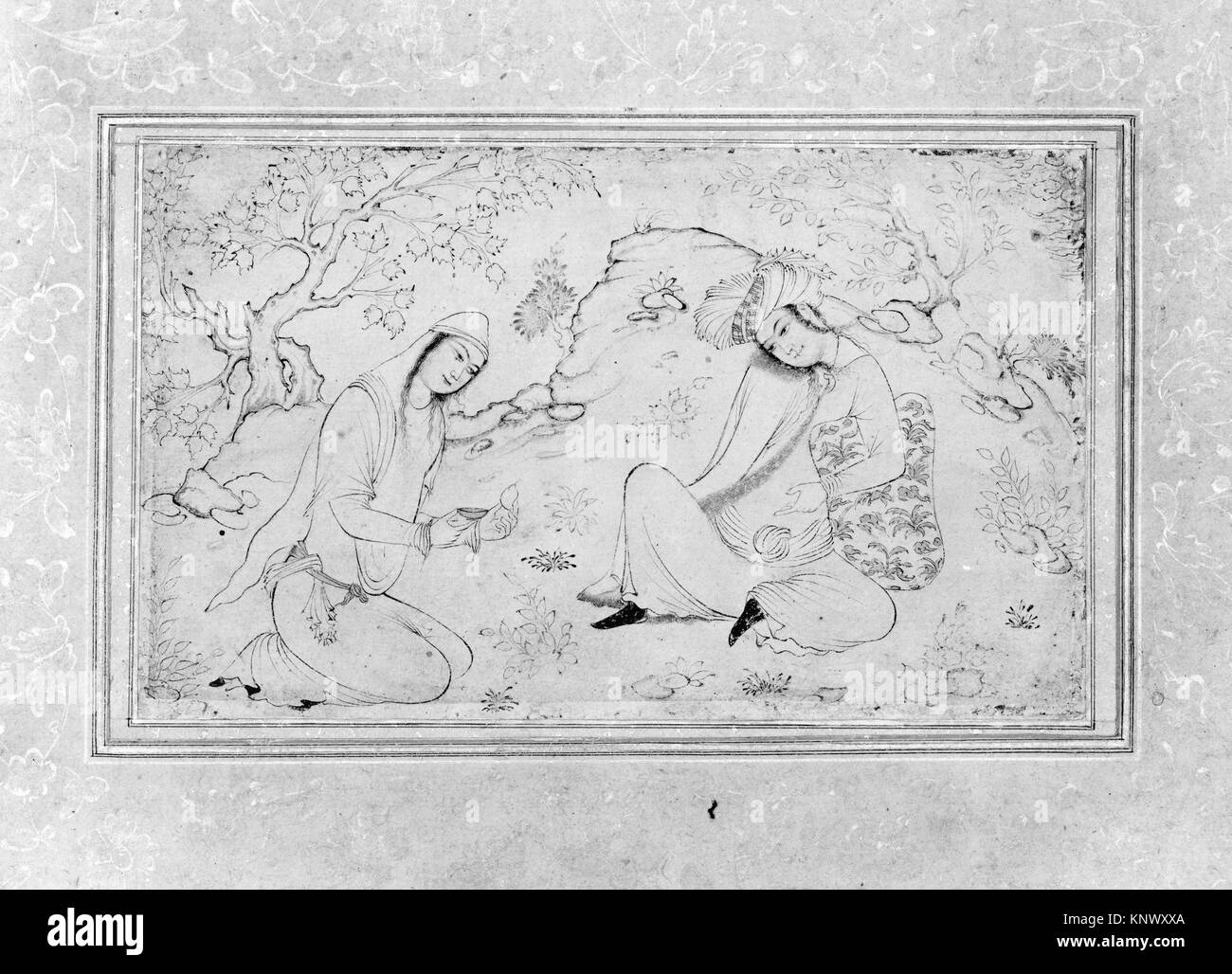 Young Man and Woman in a Landscape. Object Name: Illustrated album leaf; Date: first half 17th century; Geography: Attributed to Iran; Medium: Ink, Stock Photo