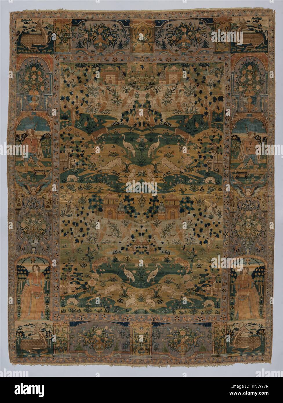 Pictorial Carpet. Object Name: Carpet; Date: 17th century; Geography: Made in Iran; Medium: Silk (warp, weft, and pile), metal wrapped thread; Stock Photo