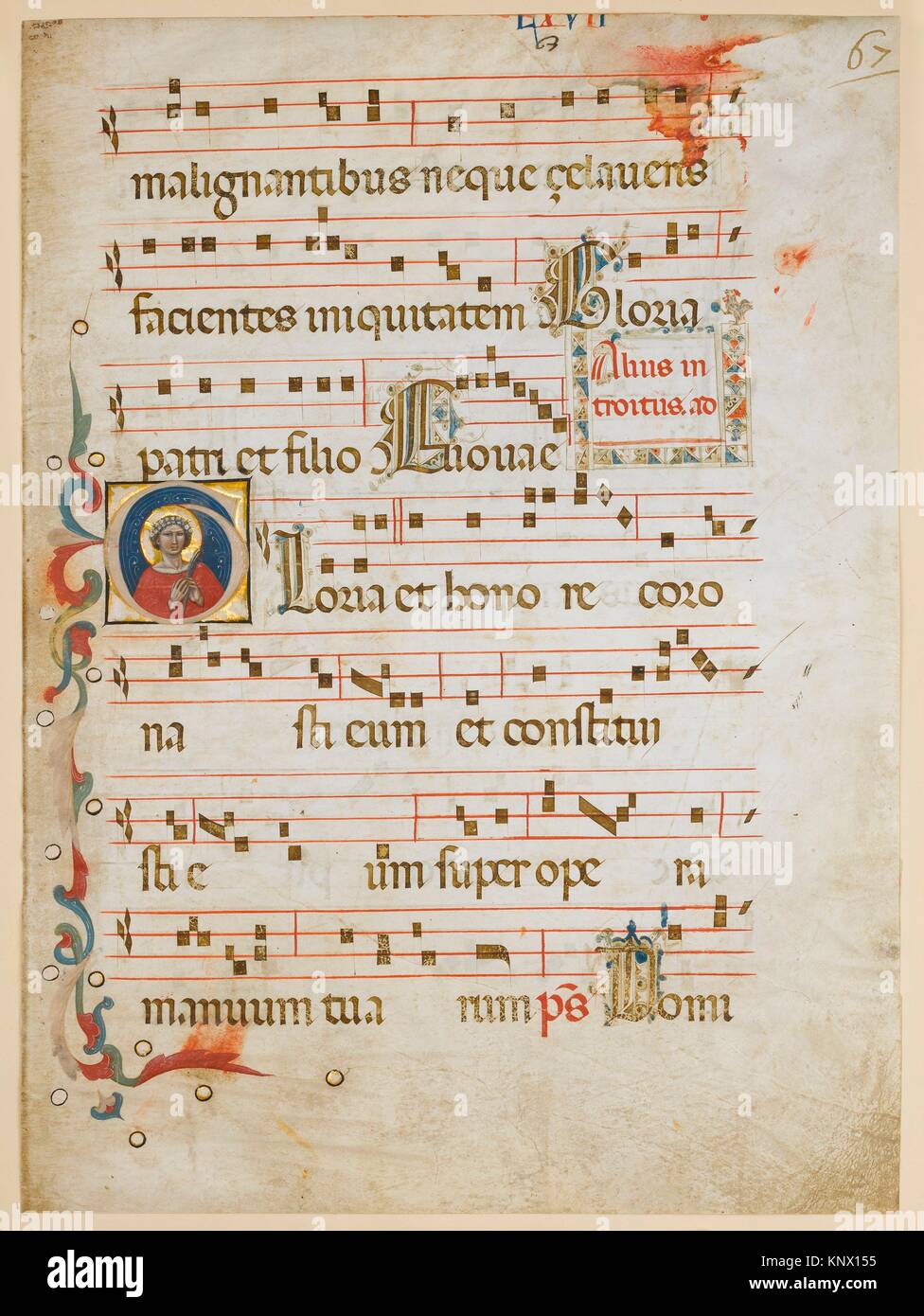 Manuscript Leaf with a female saint (possibly Dorothy) in an Initial G, from a Gradual. Artist: Attributed to the Illustratore (active 1330-1374); Stock Photo