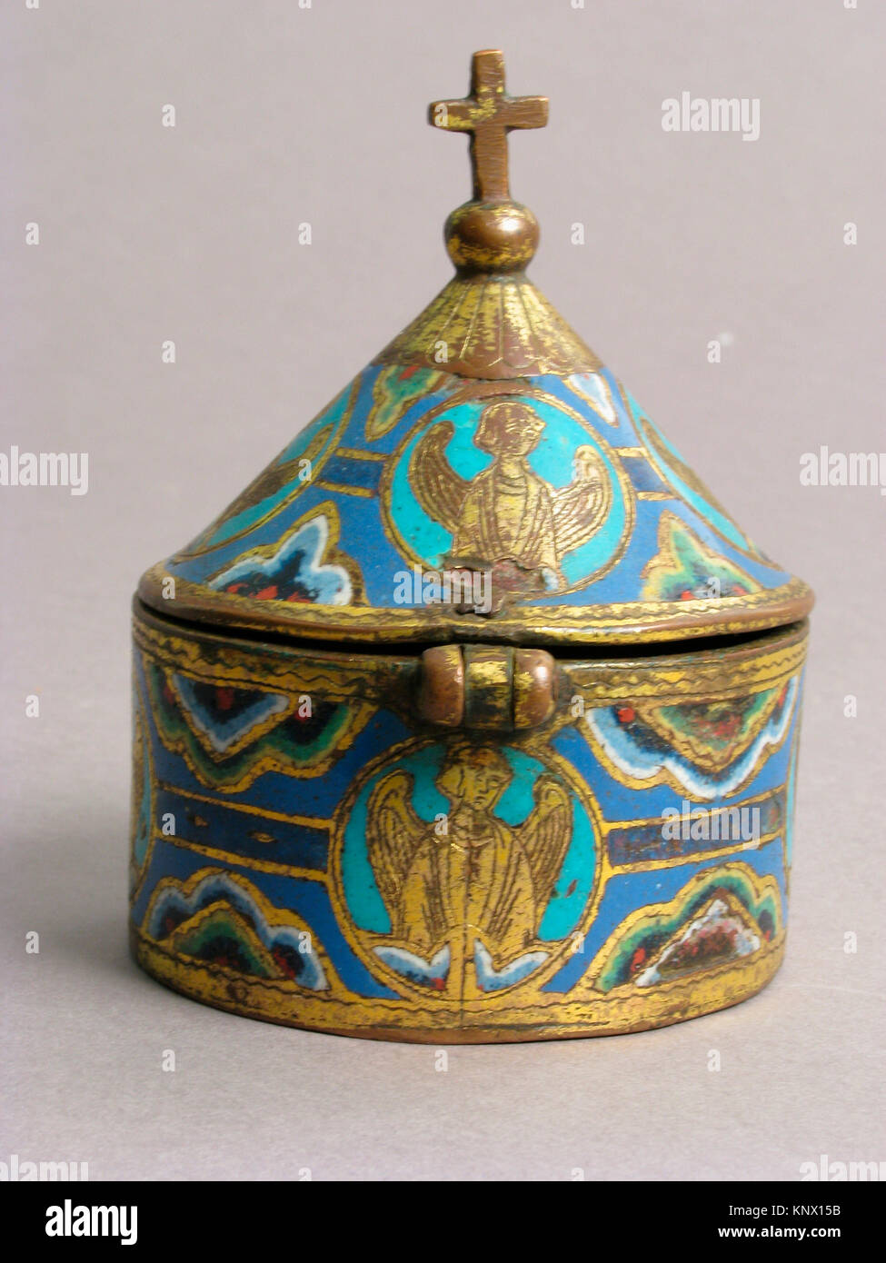 Pyx. Date: ca. 1225-50; Geography: Made in Limoges, France; Culture: French; Medium: Copper: engraved and gilt; champlevé enamel: blue-black; dark, Stock Photo