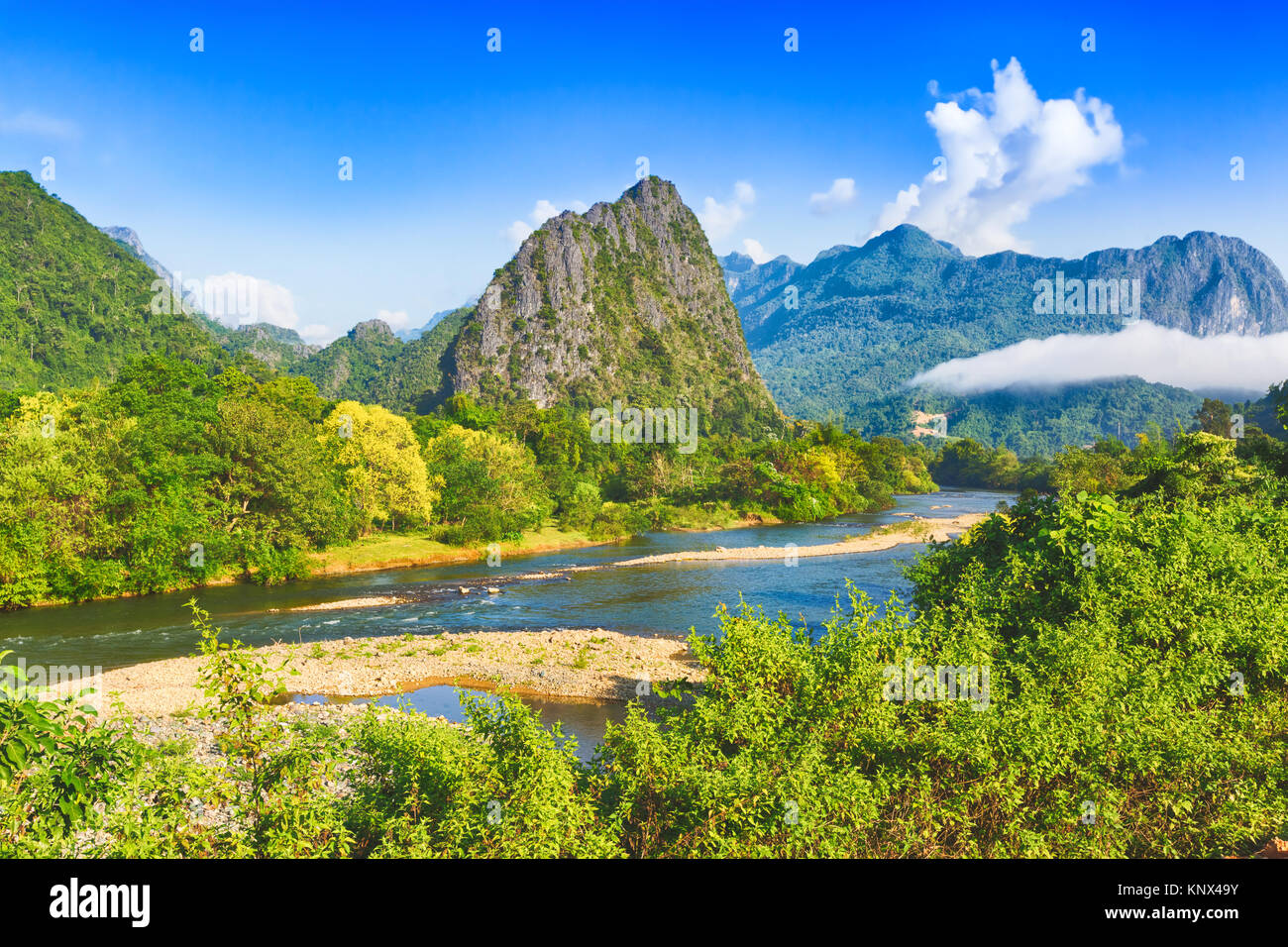 Amazing landscape of Nam Song river among mountains. Vang Vieng. Laos. Stock Photo