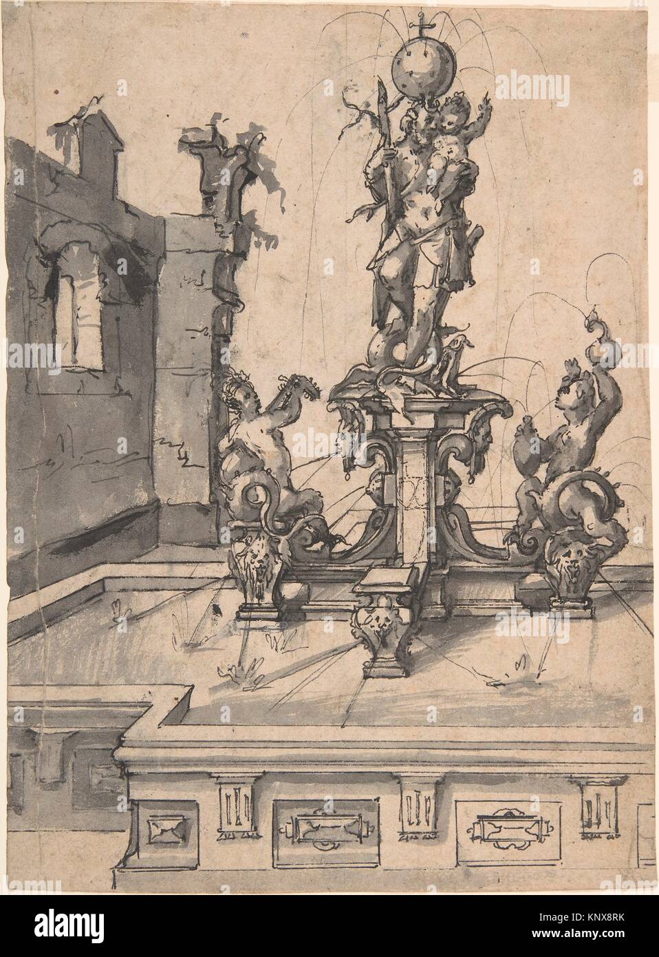 Design for an Elaborate Fountain Surmounted by a Statue of St. Christopher; verso: Studies of Architectural Details. Artist: Wendel Dietterlin, the Stock Photo