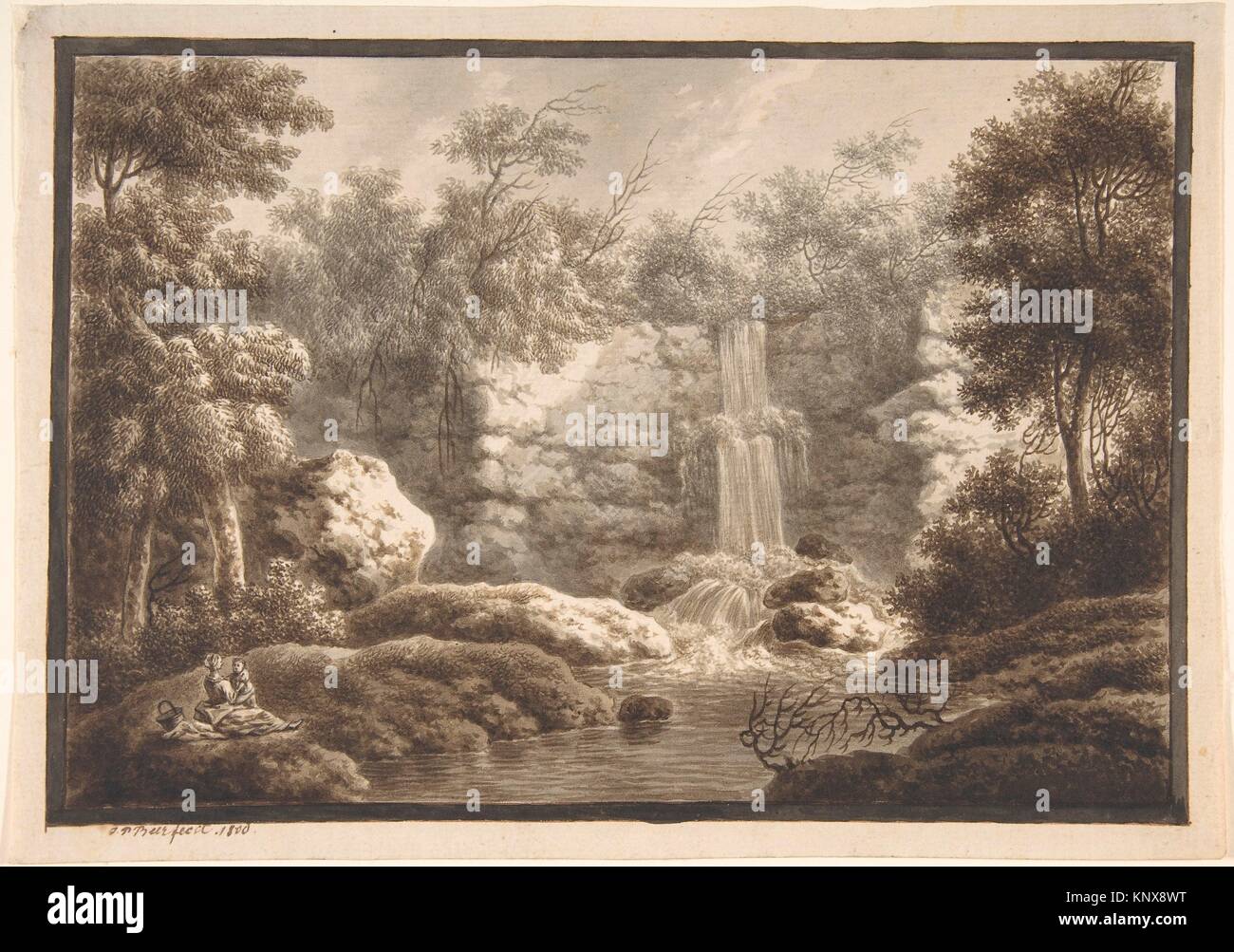 Landscape with Waterfall and a Mother and Child. Artist: Johann Peter Beer (German, Frankfurt am Main 1782-1851 Frankfurt am Main); Date: 1800; Stock Photo