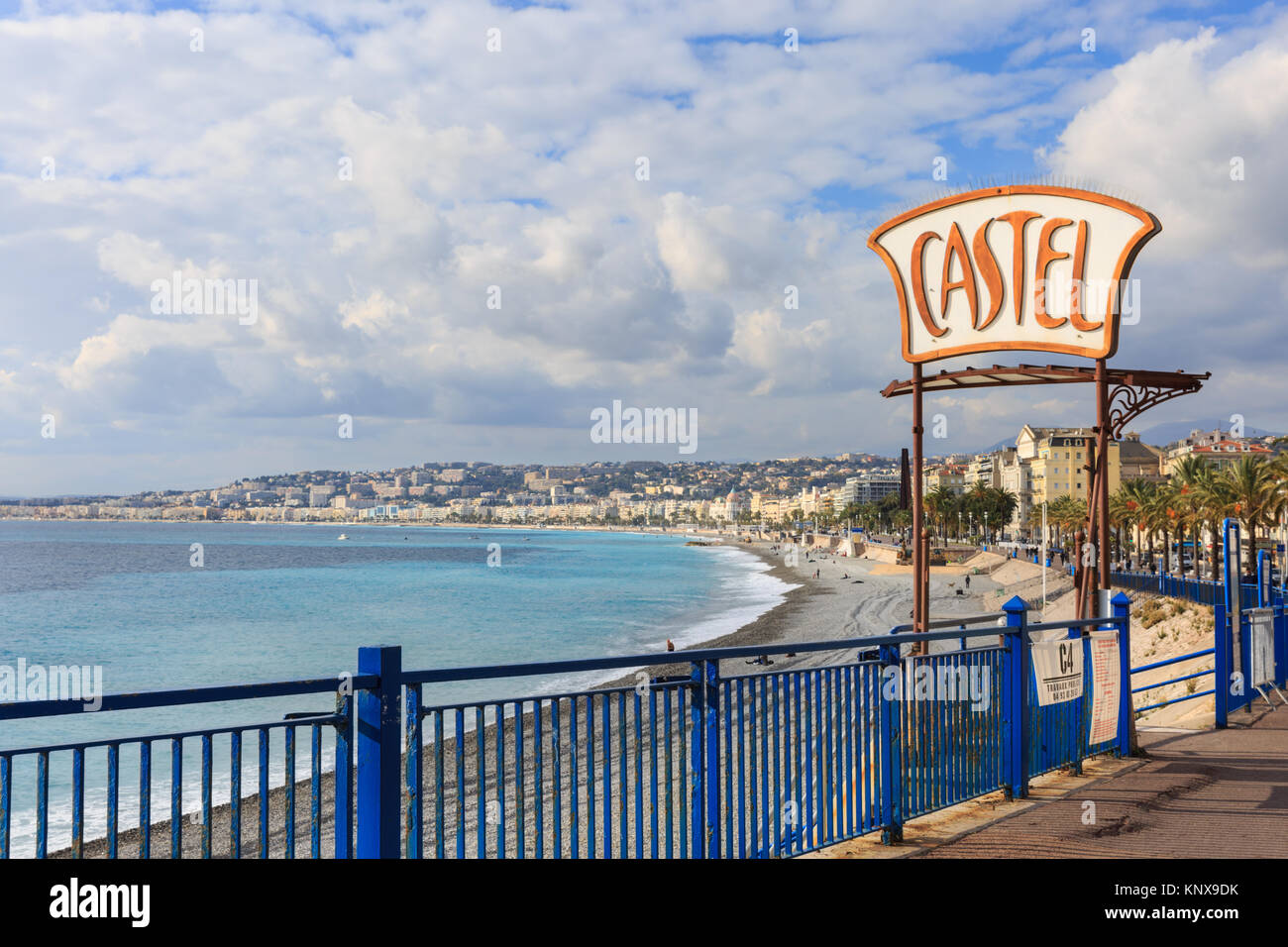Castel beach sign with Nice beach and seafront, Nice, French Riviera, Cote d'Azur, France Stock Photo