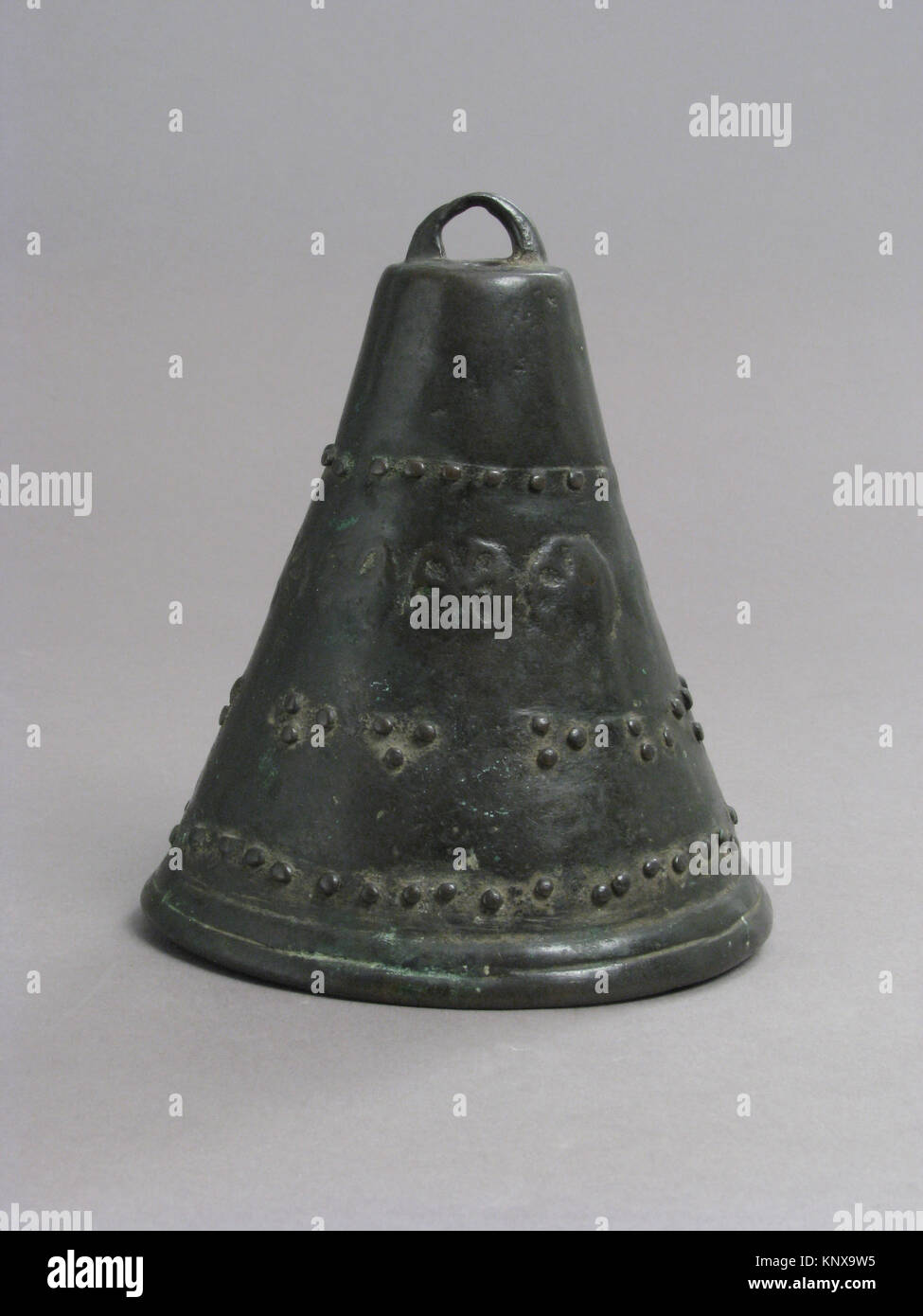 Church bell with cylindrical form, clapper, and mounting structure ...
