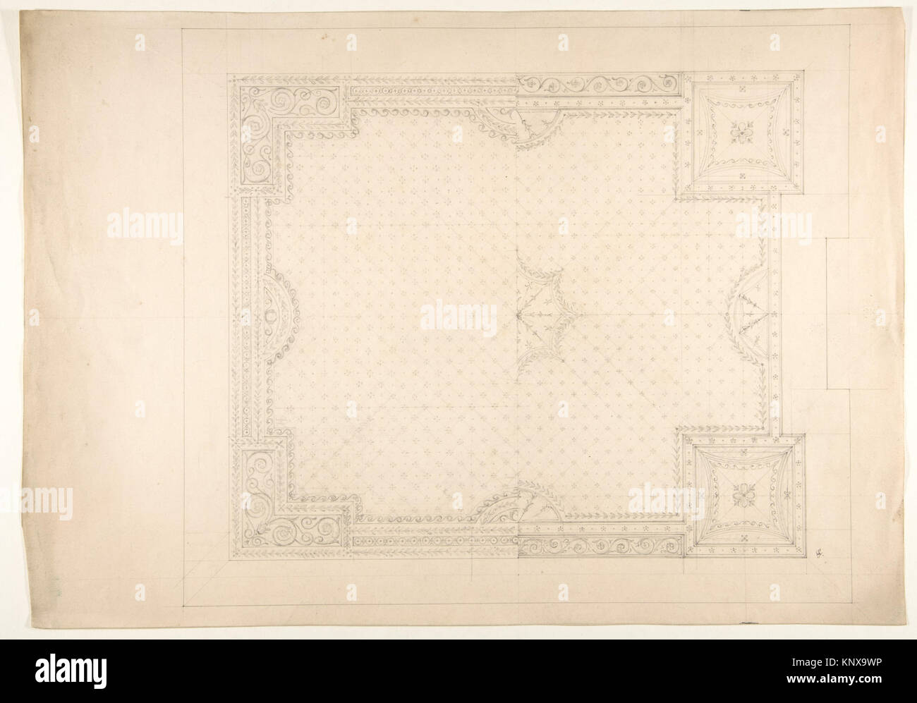 Graphite and ink drawing of a ceiling design, highlighting decorative ...