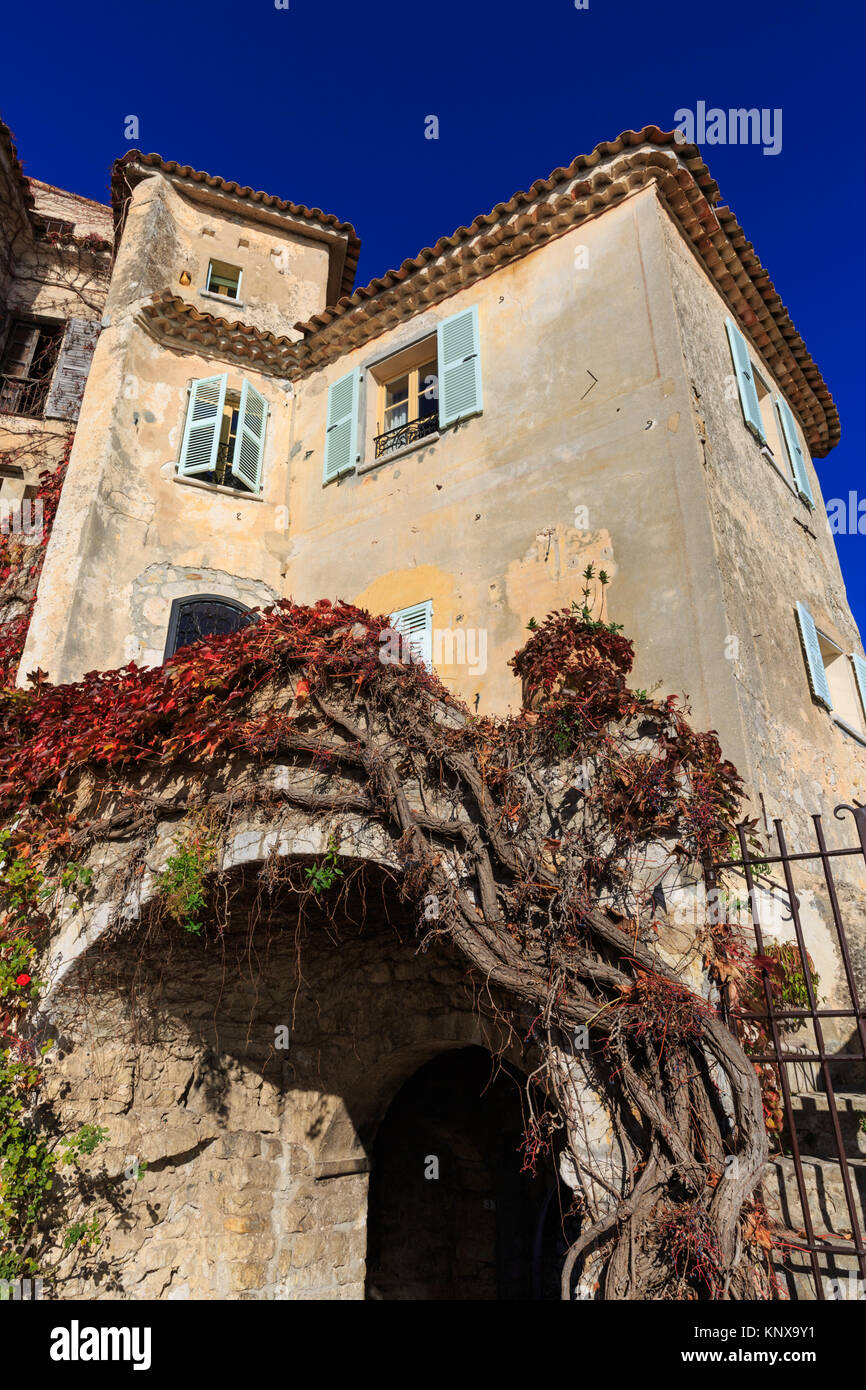 Historic French architecture against clear blue sky in the hillside town of Eze, Cote d'Azur, France Stock Photo