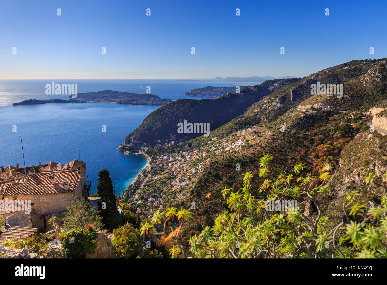 View from Eze across Cap Ferrat and the French Riviera towards the Mediterranean Sea, Cote d'Azur, France Stock Photo