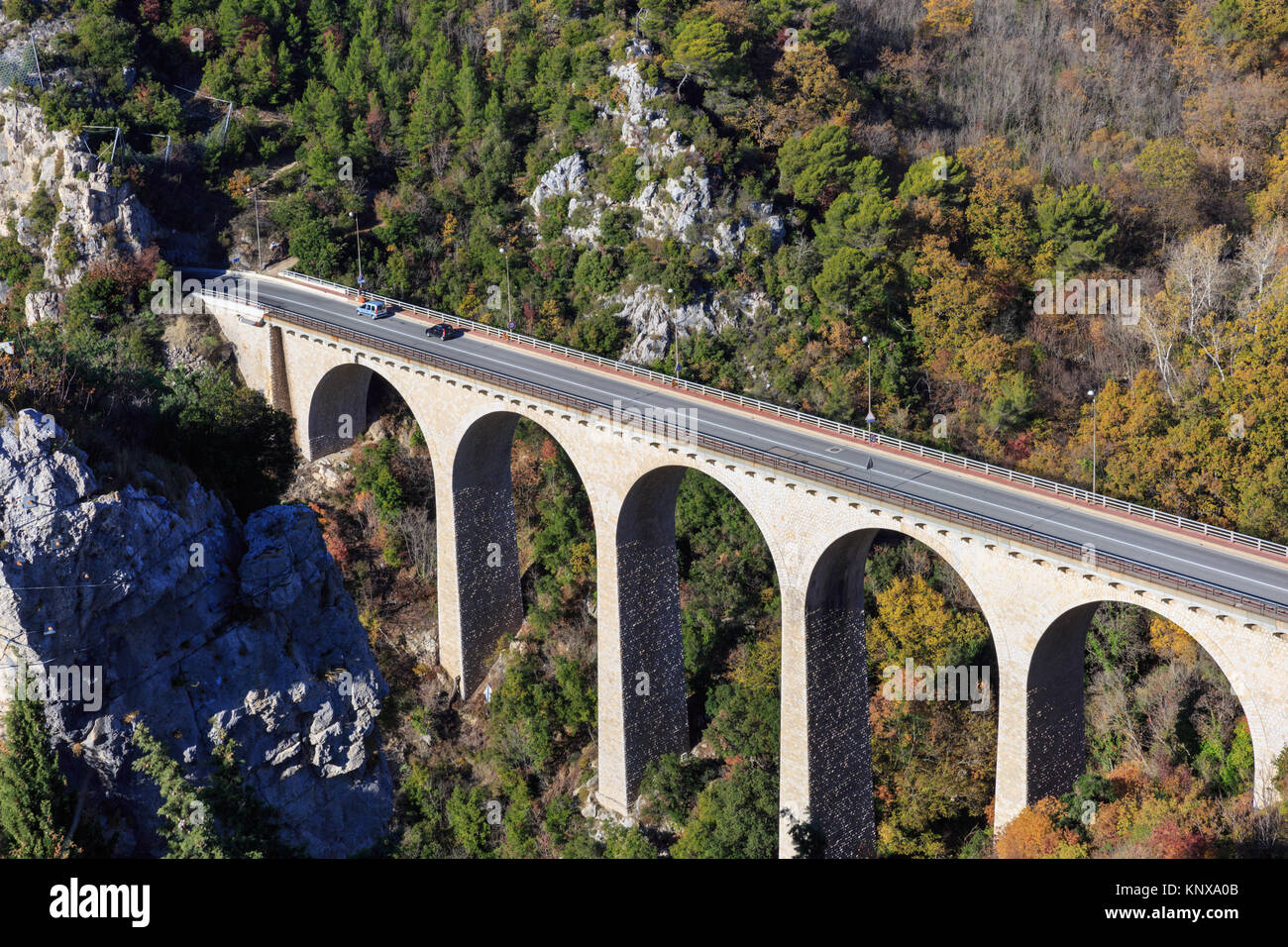 The Devils Bridge near Eze, stone masonry arched bridge viewed from above, Alpes-Maritimes department , Cote d'Azur, France Stock Photo