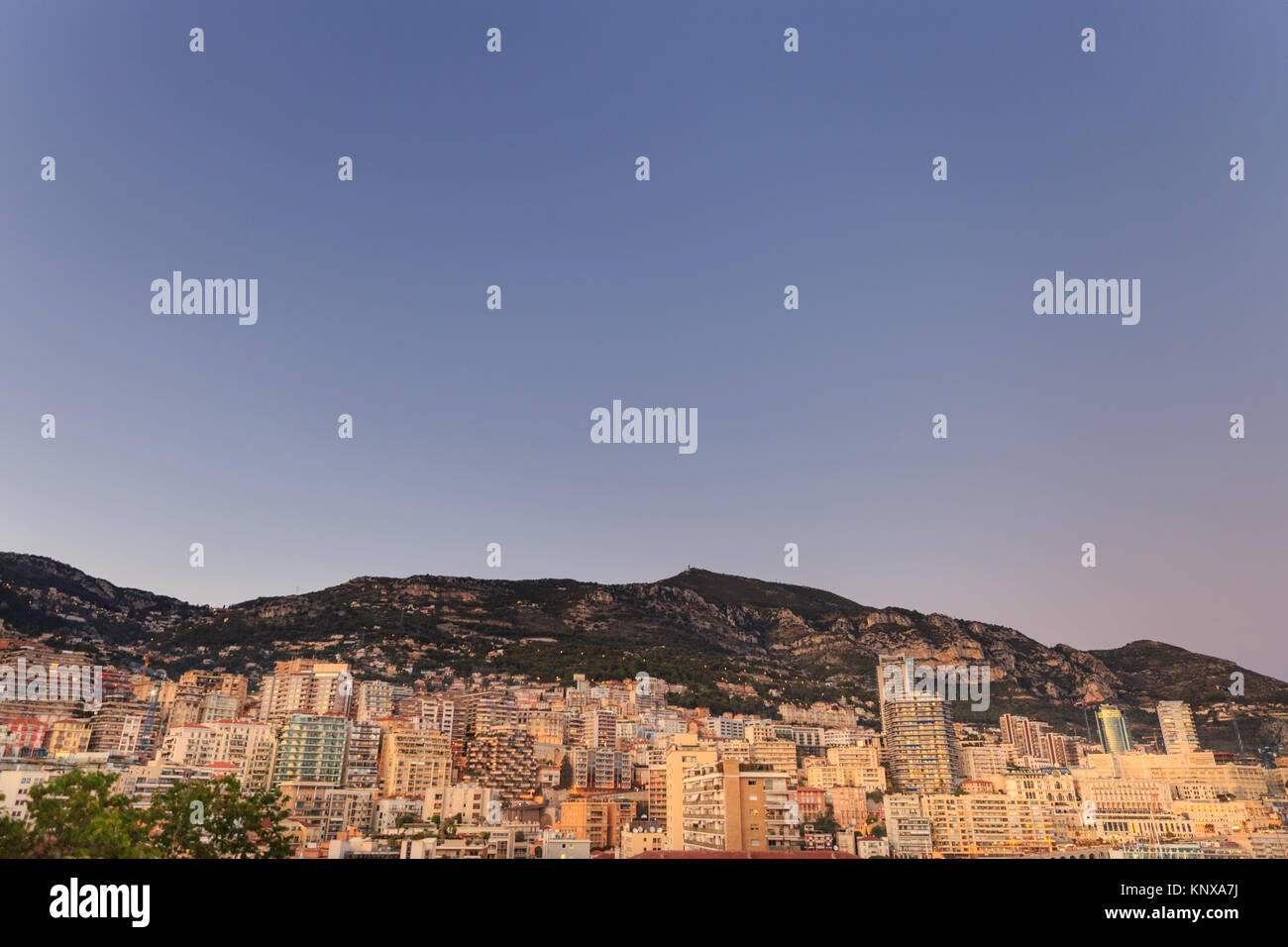 Panoramic view and skyline of Monte Carlo in the Principality of Monaco, Cote d'Azur, Medierranean Stock Photo
