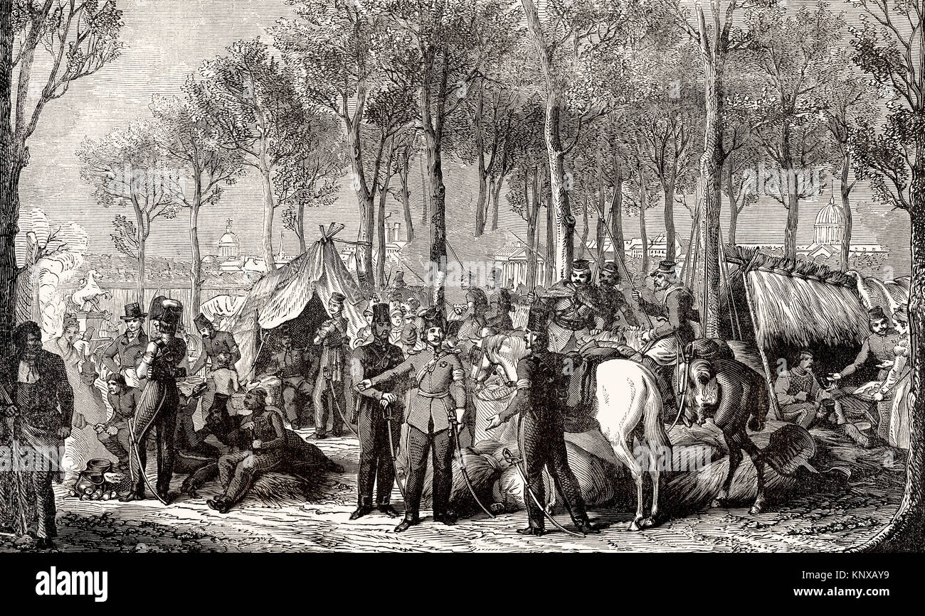 Military camp at the Avenue des Champs-Élysées, Paris, France, 1815 Stock Photo