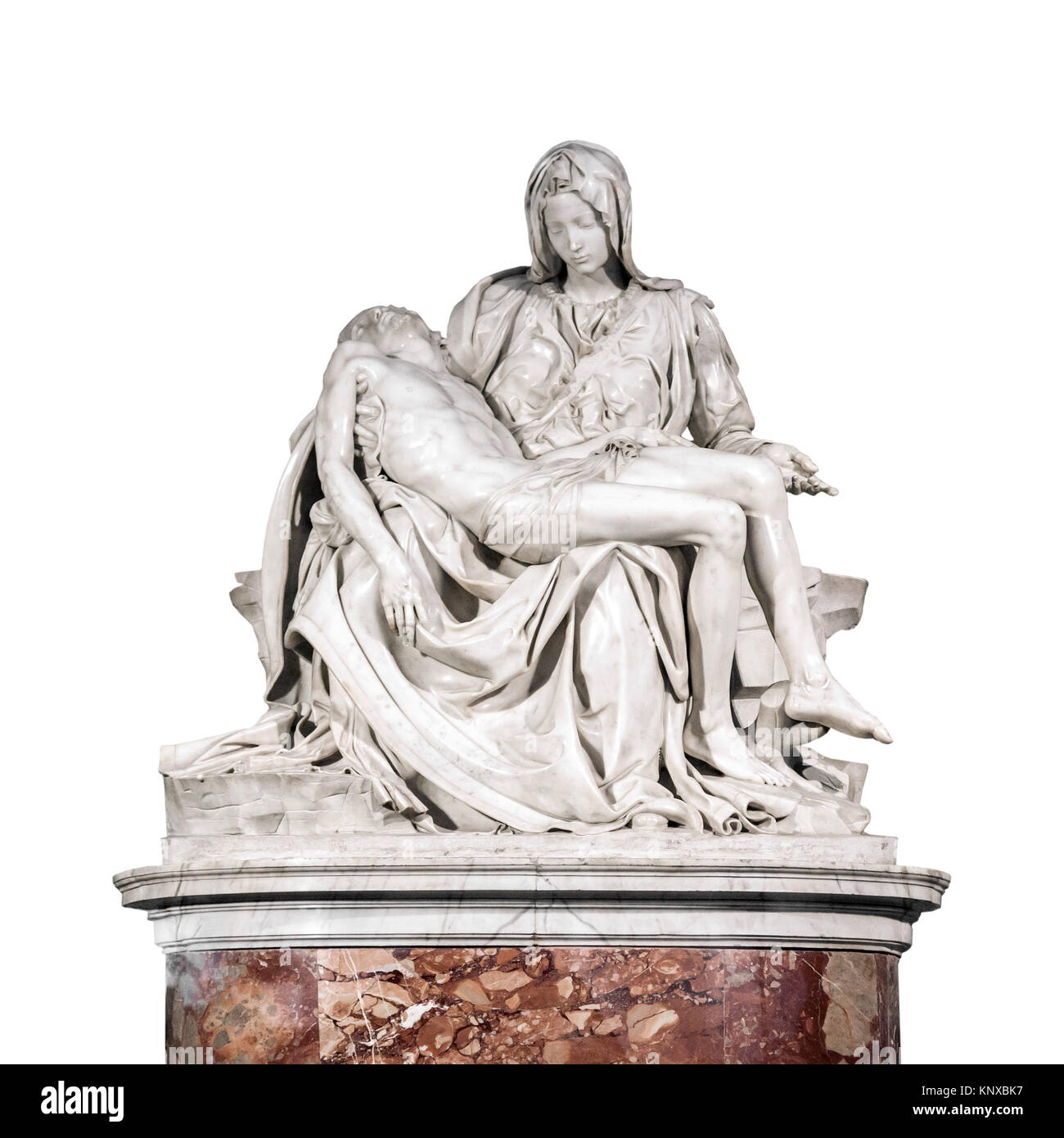 The Pieta, a work of Renaissance sculpture by Michelangelo Buonarroti isolated on white background. Famous work of art depicts the body of Jesus on th Stock Photo