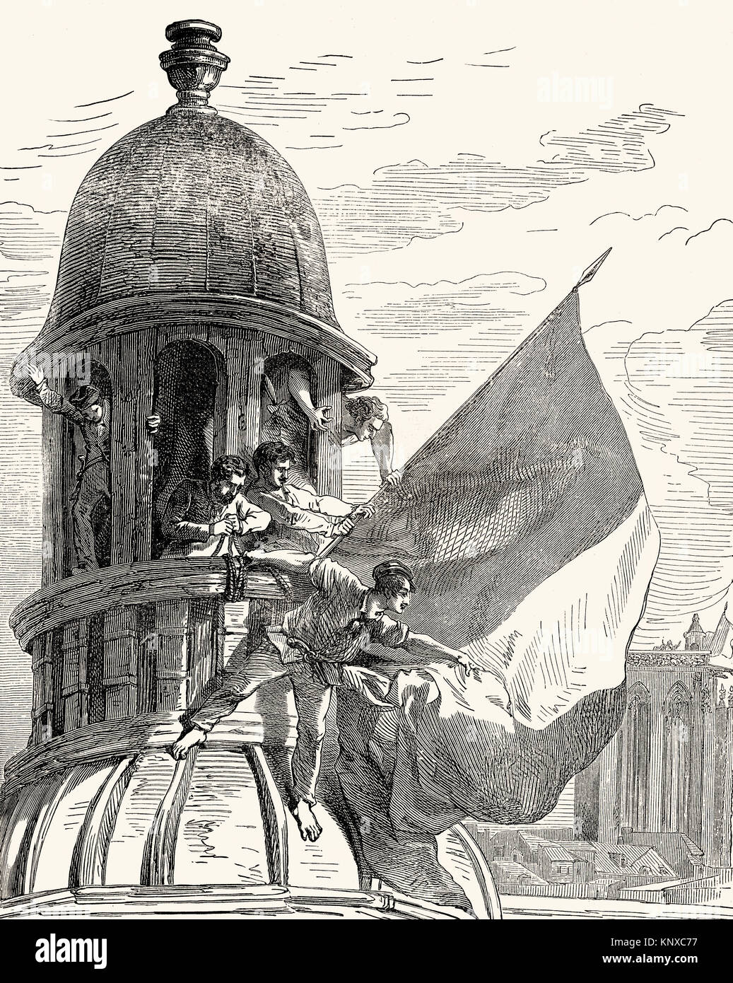 The French Revolution of 1830, July Revolution, raising the flag, Hôtel de Ville, Paris Stock Photo