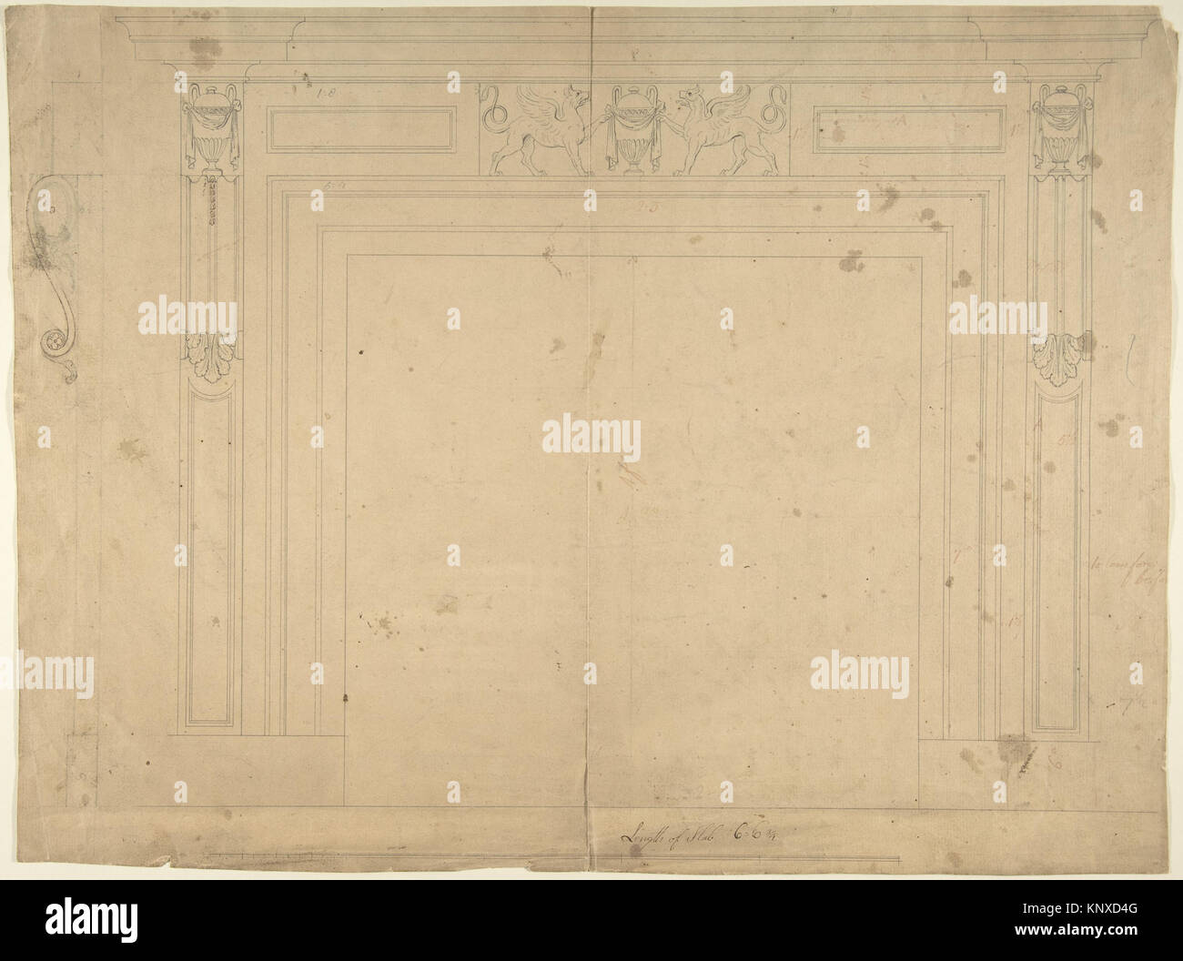 Architectural design for a chimneypiece featuring decorative motifs and ...