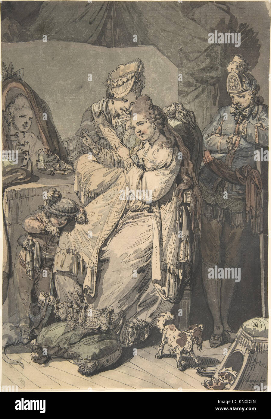 A Woman at her Toilet with a Maid, a Boy, a Dog and a Young Soldier; verso- A Sketch for a Similar Composition MET DP803997 383935 Artist: Johann Eleazar Zeissig, called Schenau, German, Grosssch?nau (Gross-Sch?nau) 1737?1806 Dresden, A Woman at her Toilet with a Maid, a Boy, a Dog and a Young Soldier; verso: A Sketch for a Similar Composition, 1770, Pen and black ink, grey wash, watercolour, over a sketch in black chalk or graphite, sheet: 13 7/16 x 9 3/16 in. (34.1 x 23.4 cm). The Metropolitan Museum of Art, New York. Purchase, Guy Wildenstein Gift and Mary Oenslager Fund, 2008 (2008.506) Stock Photo