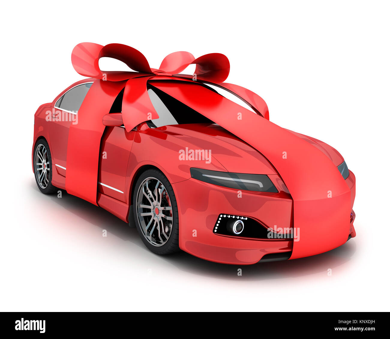 Red car and gift bow and ribbon on white background. 3d illustration
