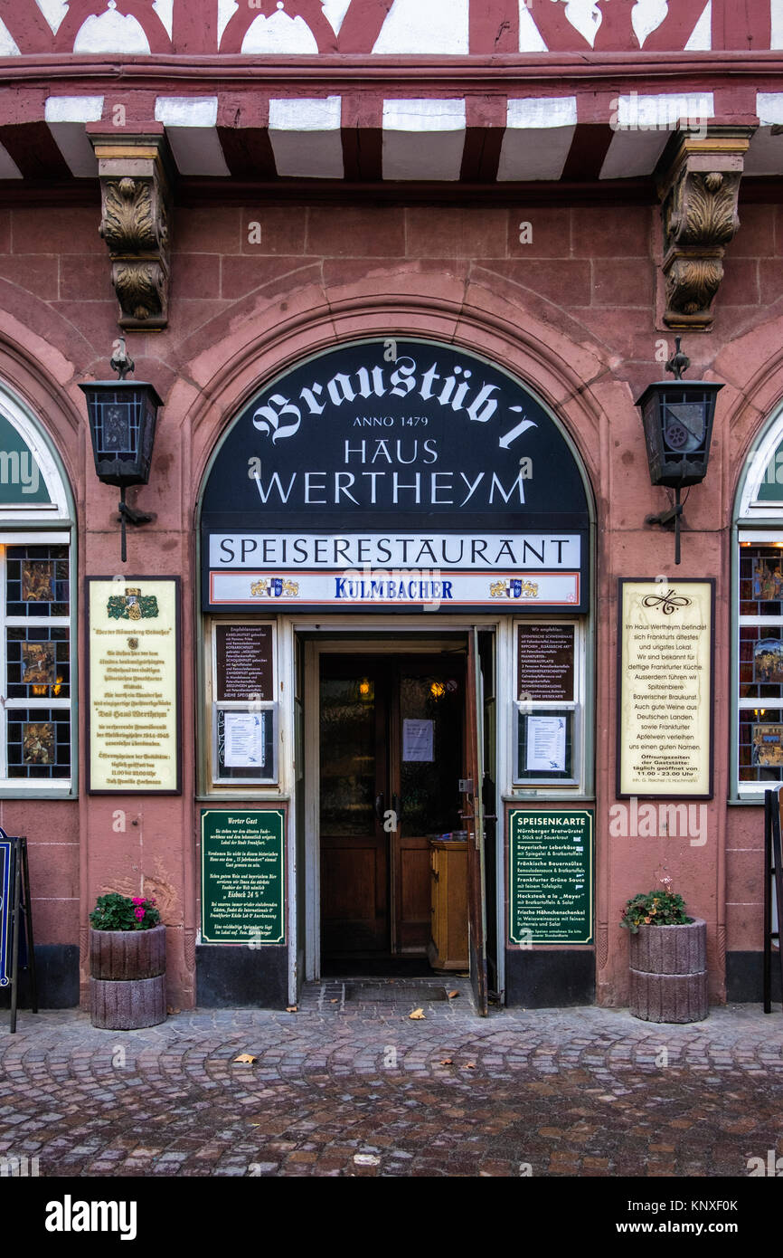Germany Frankfurt Old Town, Haus Wertheym brewery restaurant entrance. Historic building with Traditional German  pub serving typical food and drink Stock Photo
