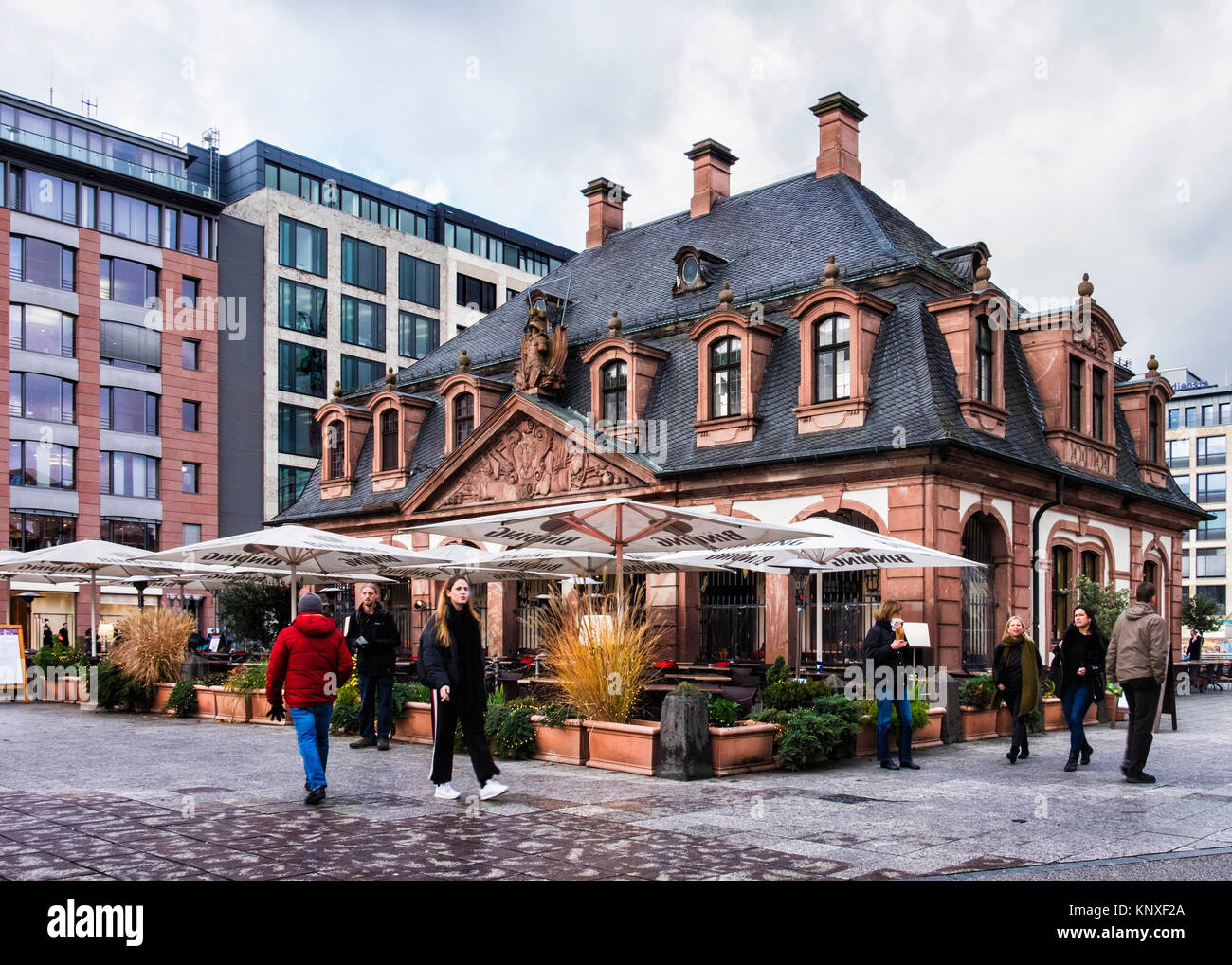 Frankfurt,Germany.People walk past Historic old Main Guard House