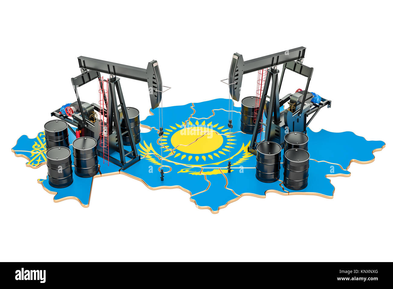 Kazakhstan map with oil barrels and pumpjacks. Oil production concept. 3D rendering Stock Photo