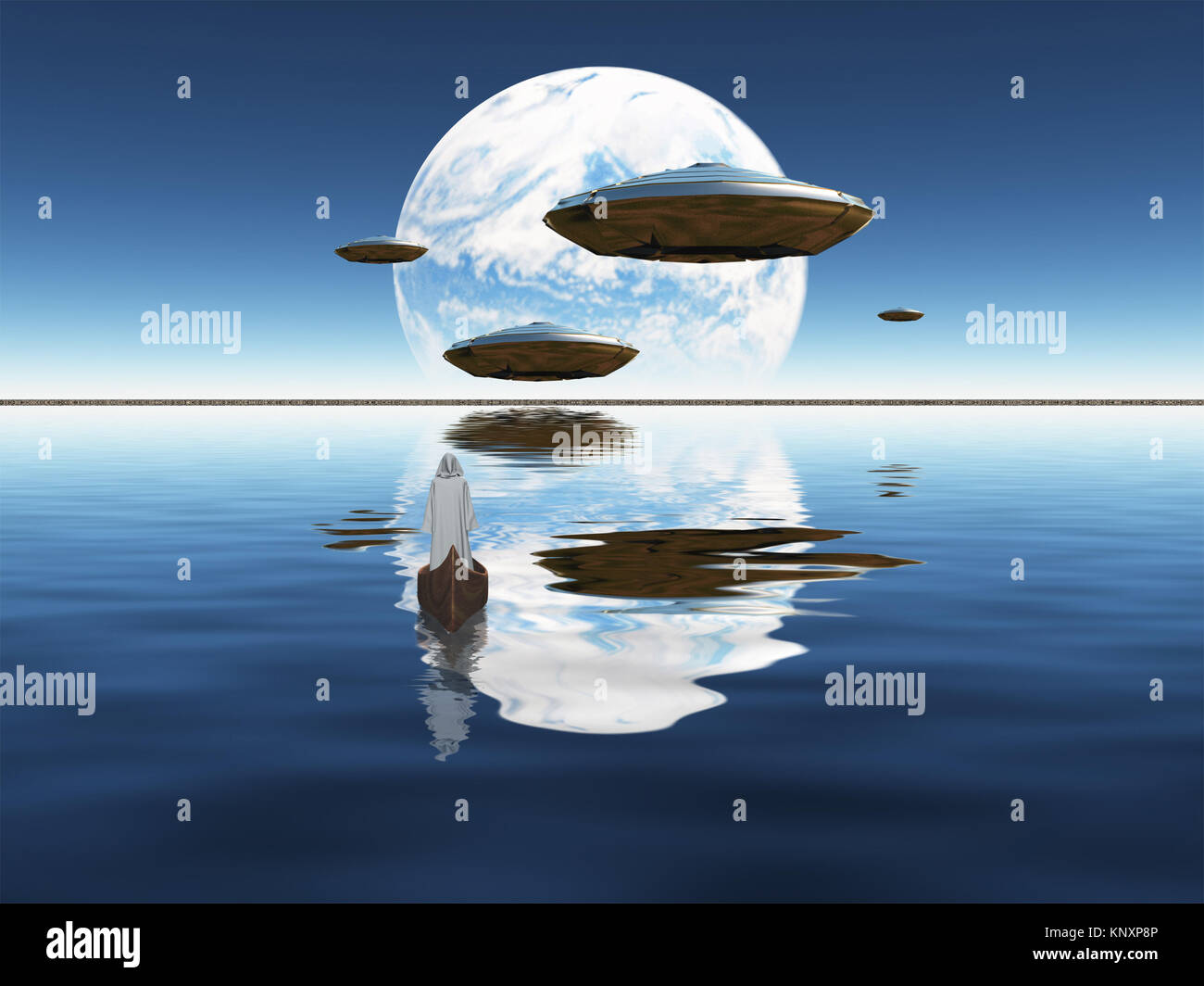 Monk sails in boat. Blue planet seen in distance. Spacecrafts flies above water surface. 3D rendering Stock Photo