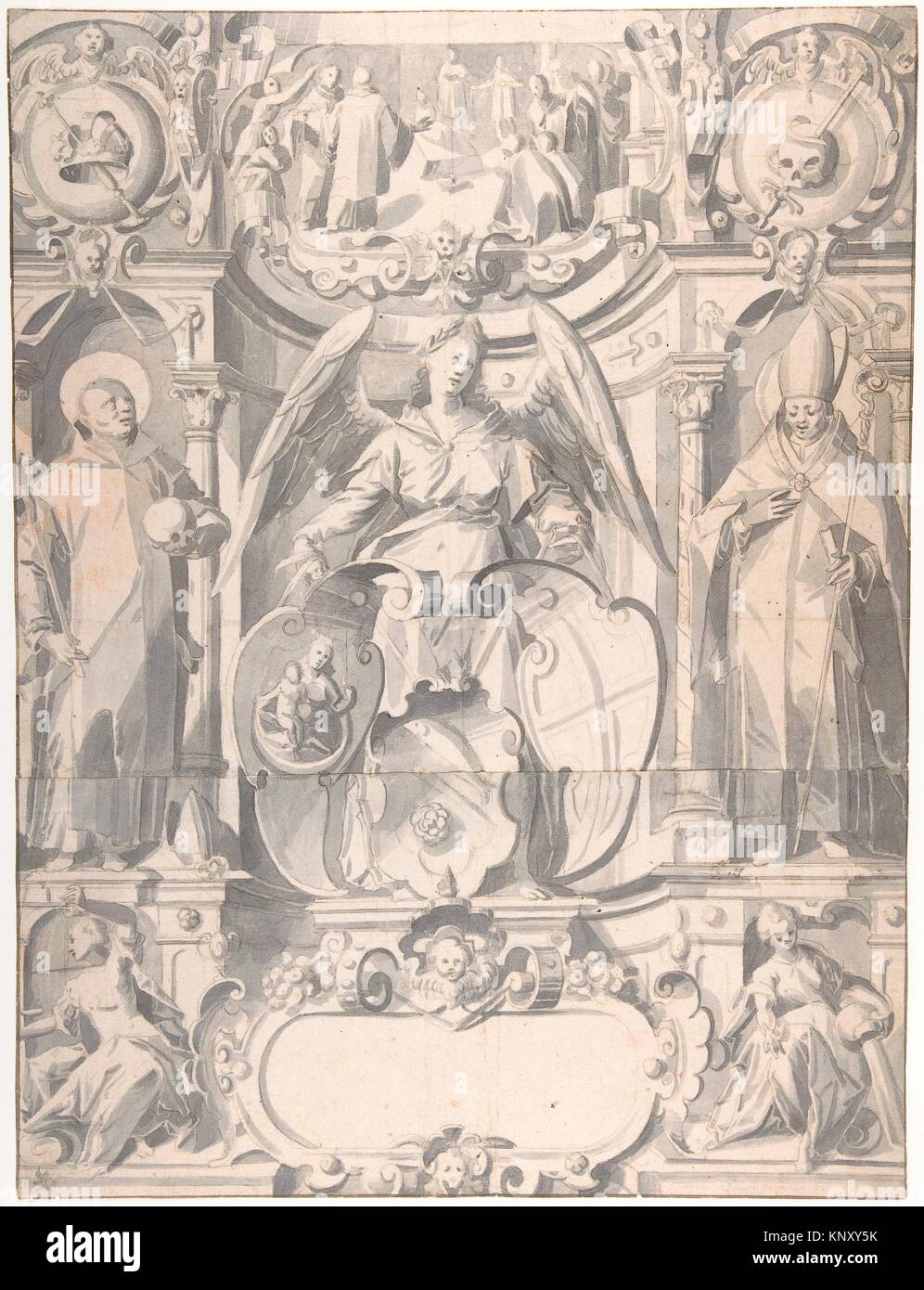 Design for a Stained Glass Window or Frontispiece with the Arms of a Cleric. Artist: Johann Heiss (German, Memmingen 1640-1704 Augsburg); Date: Stock Photo