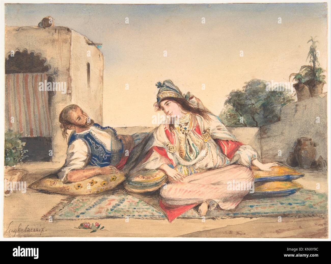 A Moorish Couple on Their Terrace. Artist: Eugène Delacroix (French, Charenton-Saint-Maurice 1798-1863 Paris); Date: 1832; Medium: Watercolor over Stock Photo