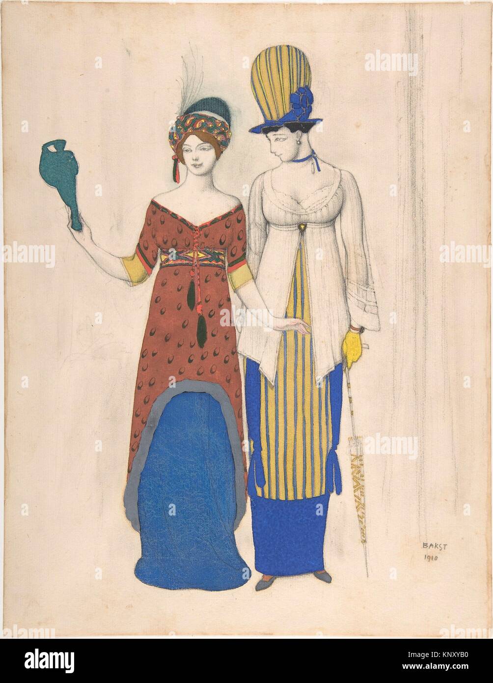 Two female haute couture figures. Artist: Léon Bakst (Russian, Grodno 1866-1924 Paris); Date: 1910; Medium: Graphite, brush and watercolor and Stock Photo