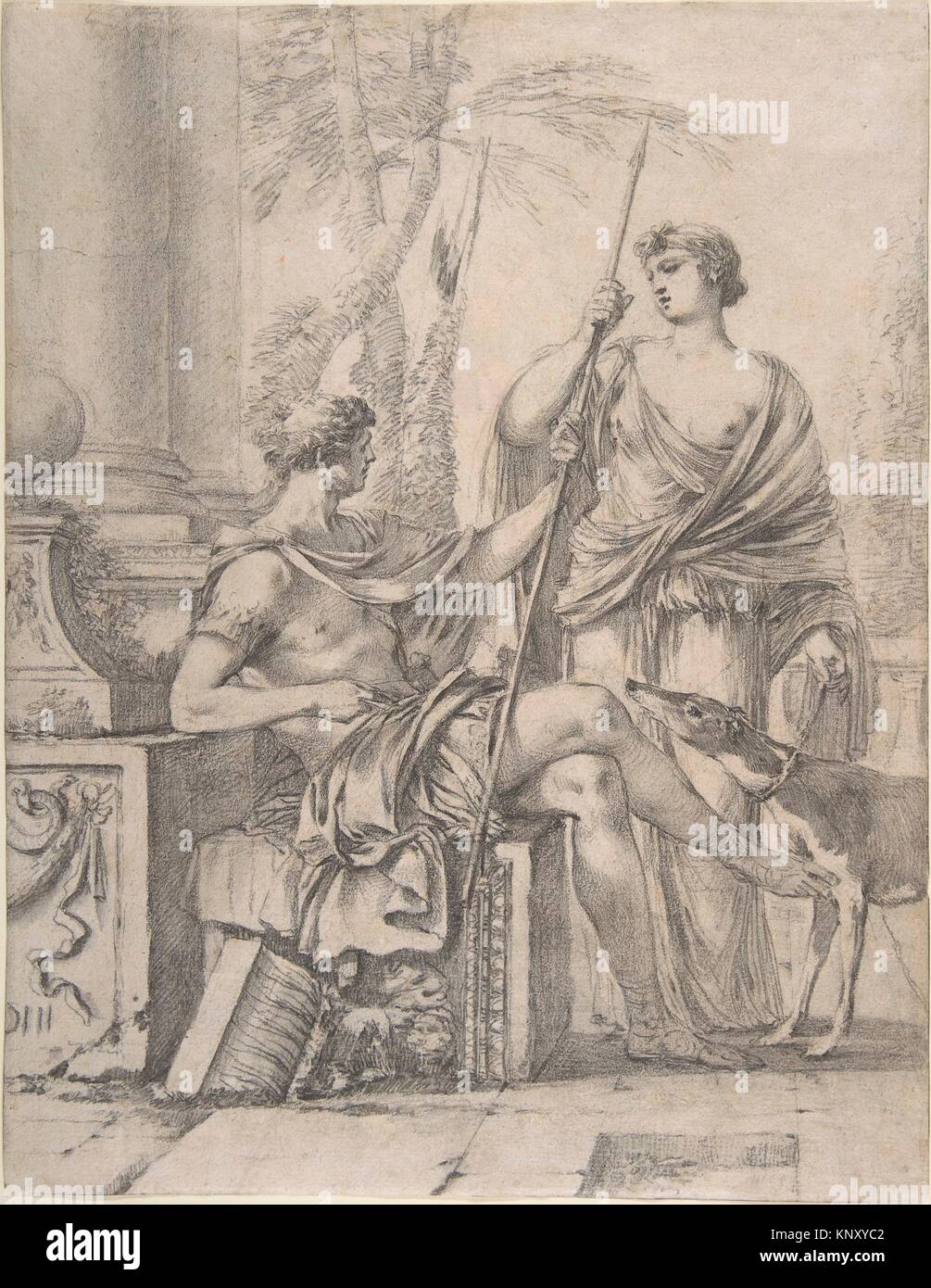 Cephalus Receiving the Spear and Hound from Procris. Artist: Laurent de La Hyre (French, Paris 1606-1656 Paris); Date: ca. 1644; Medium: Black chalk, Stock Photo