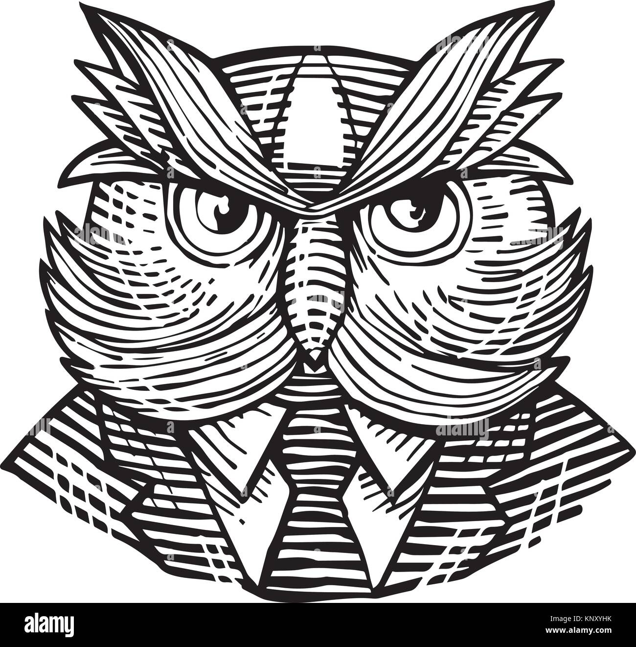Retro woodcut style illustration of a hip or hipster wise owl with moustache wearing suit and tie viewed from front done in black and white. Stock Vector