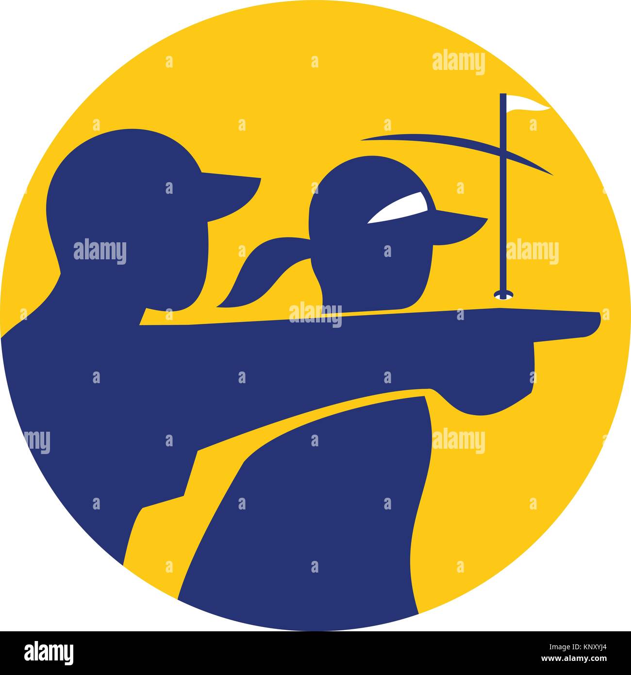 Icon style illustration of a caddie or caddy pointing with golfer set