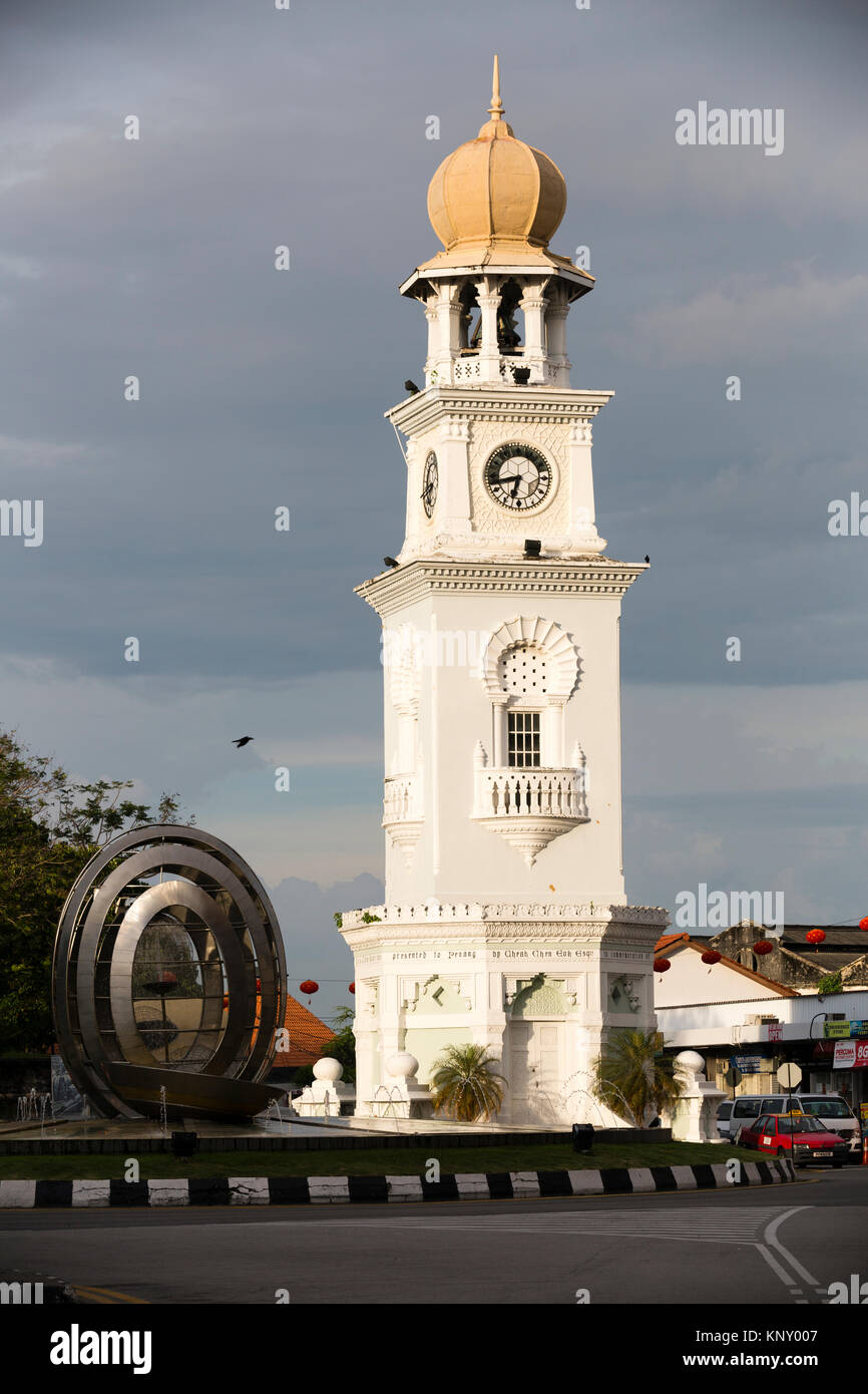 The Jubilee Clock Tower, in George Town, Penang, Malaysia, is a Moorish-style Jubilee clocktower at the junction of Lebuh Light (Light Street) and Leb Stock Photo