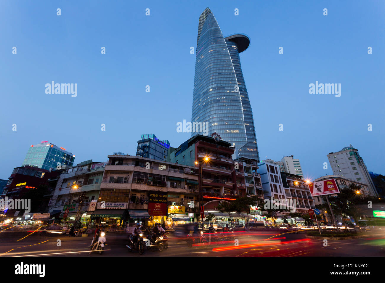 Bitexco Financial Tower at dusk in the downtown Financial District of Ho Chi Minh City, Vietnam. Stock Photo