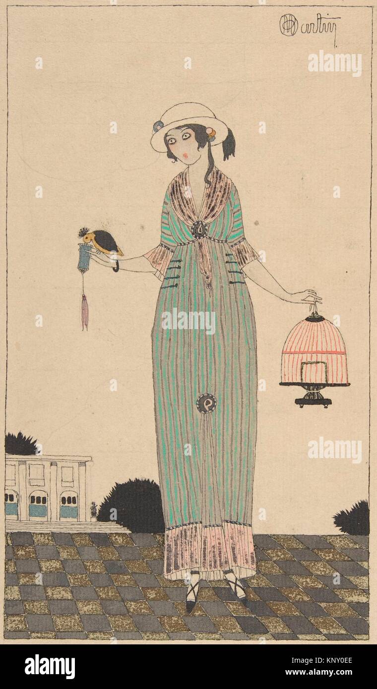 A Lady Feeding a Bird. Series/Portfolio: Journal des Dames et Modes; Artist: Charles Martin (French, Montpellier 1884/88-1932/34 Paris); Date: 1913; Stock Photo