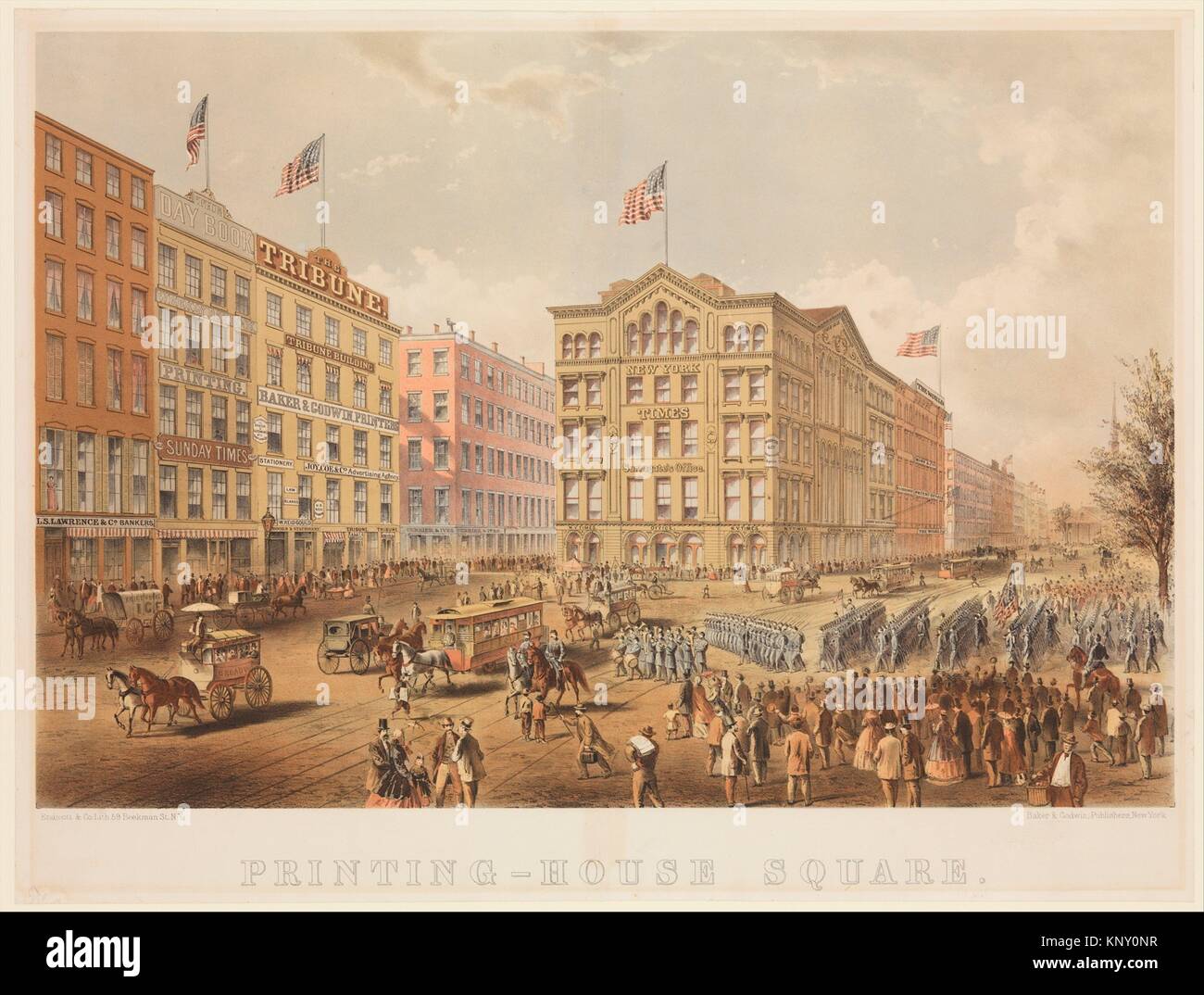 Printing-House Square, New York. Lithographer: Endicott & Co. (New York, NY); Publisher: Baker & Godwin (New York, NY); Date: 1866; Medium: Colored Stock Photo