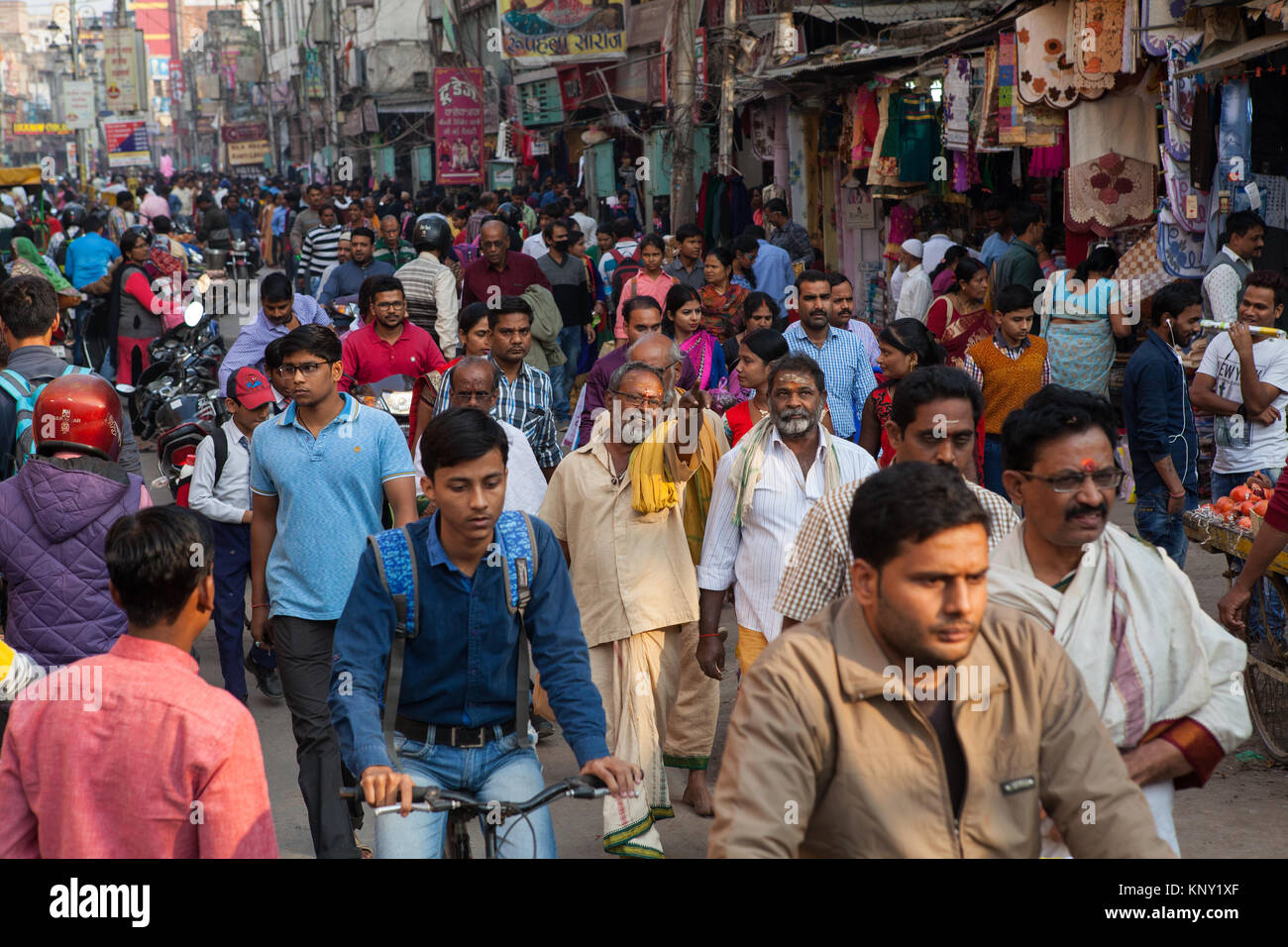 A busy and congested Dasashwamedh Ghat Road  in Varanasi, India Stock Photo