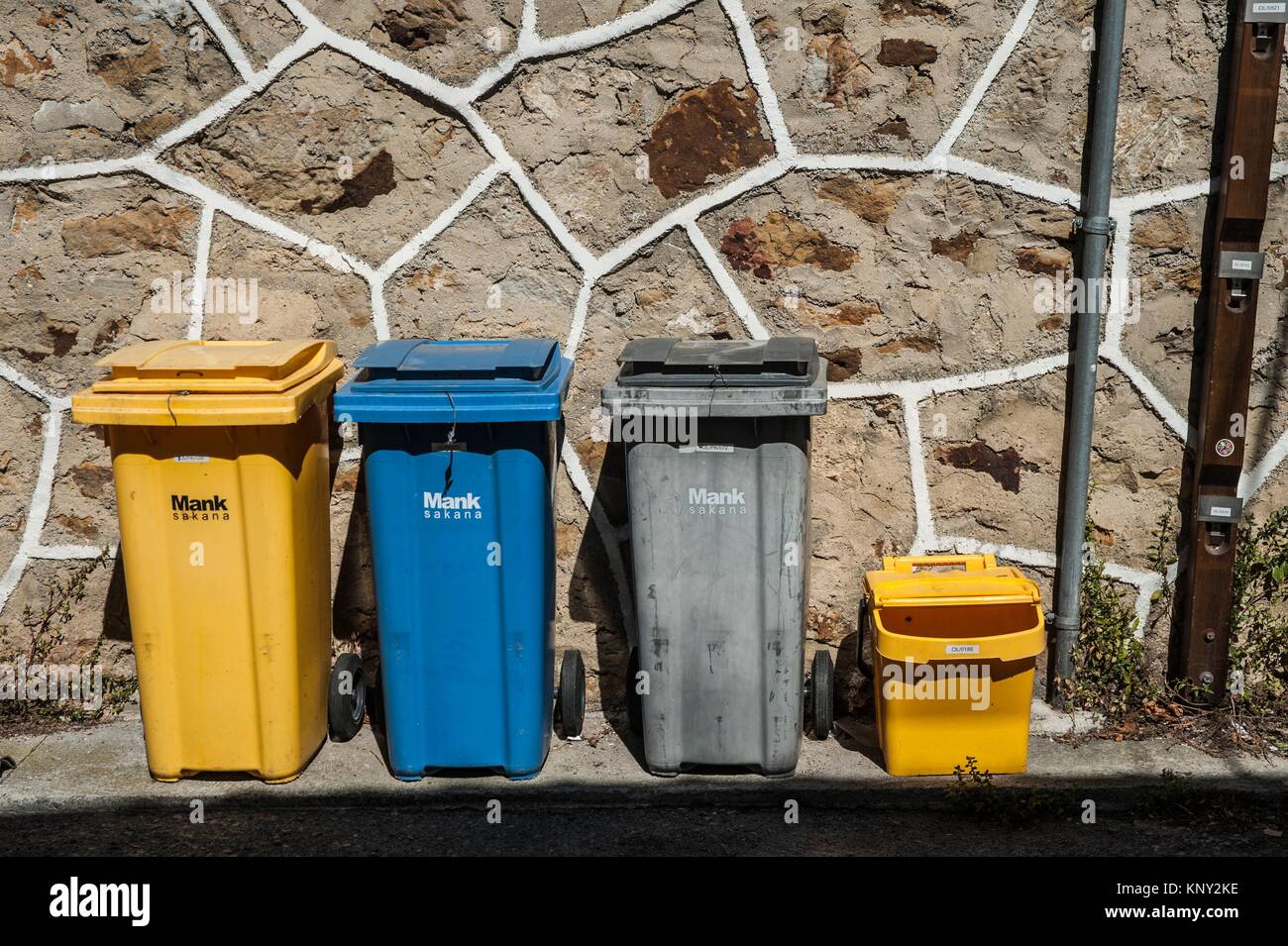 Many coloured recycling bins, Olazti, Pamplona, Navarre, Spain Stock Photo Alamy