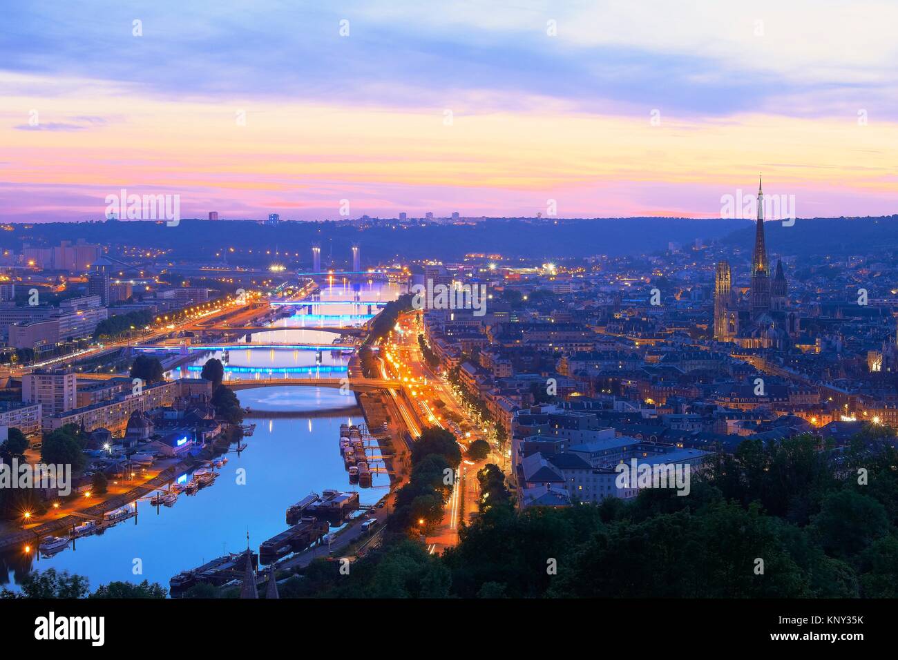 Rouen, Seine river, River Seine, Dusk, Haute Normandie, Seine Maritime Department, Normandy, France. Stock Photo