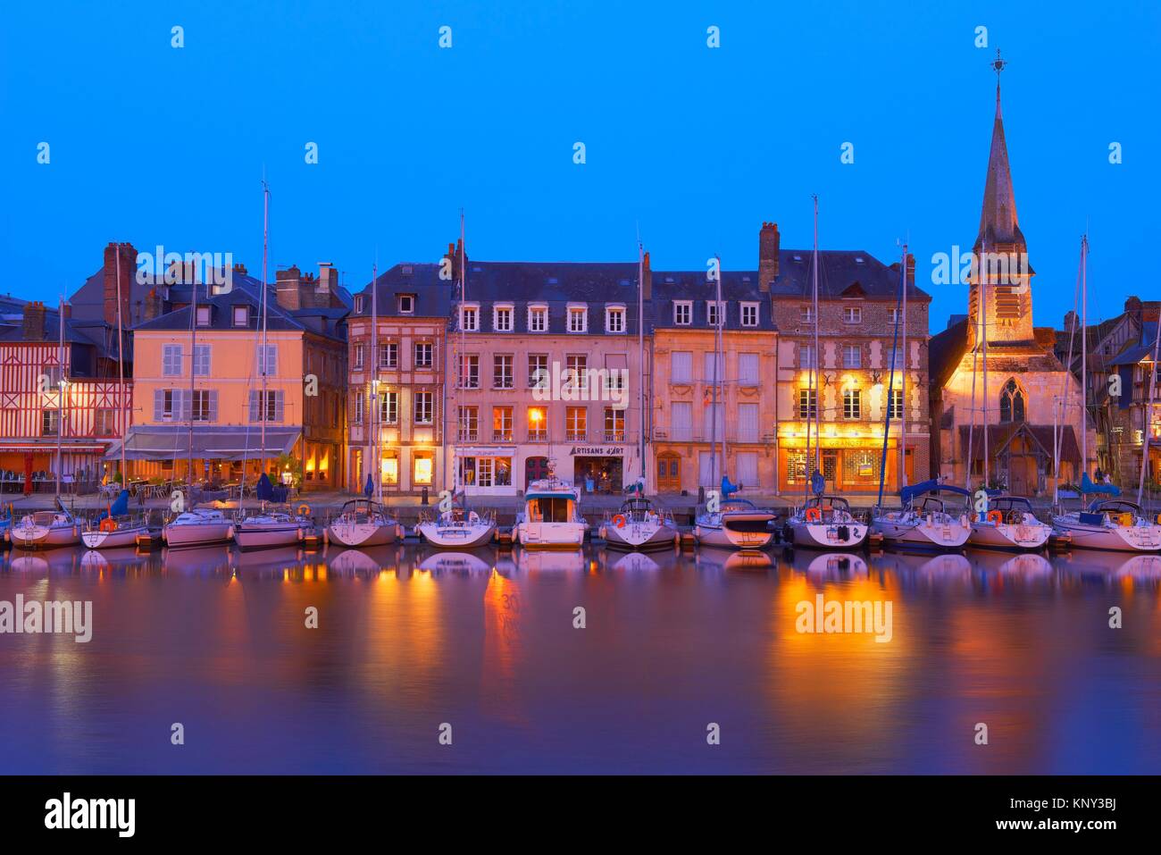 Honfleur, Dusk, Vieux Bassin, Old Harbour. Calvados, Normandy, France