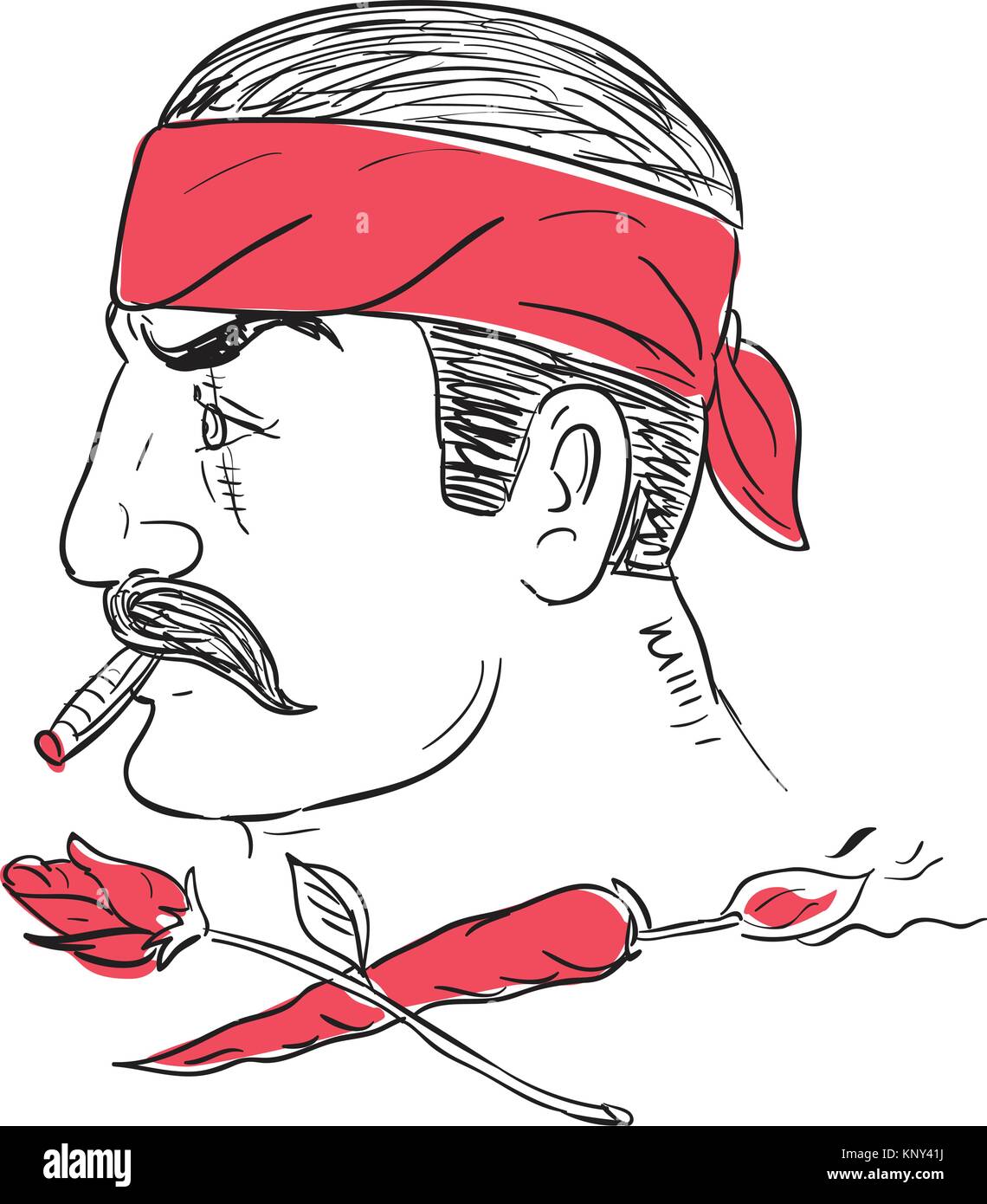 Drawing sketch style illustration of a Mexican guy smoking cigar wearing bandana with scar of face with crossed hot chili with burning fuse and rose f Stock Vector