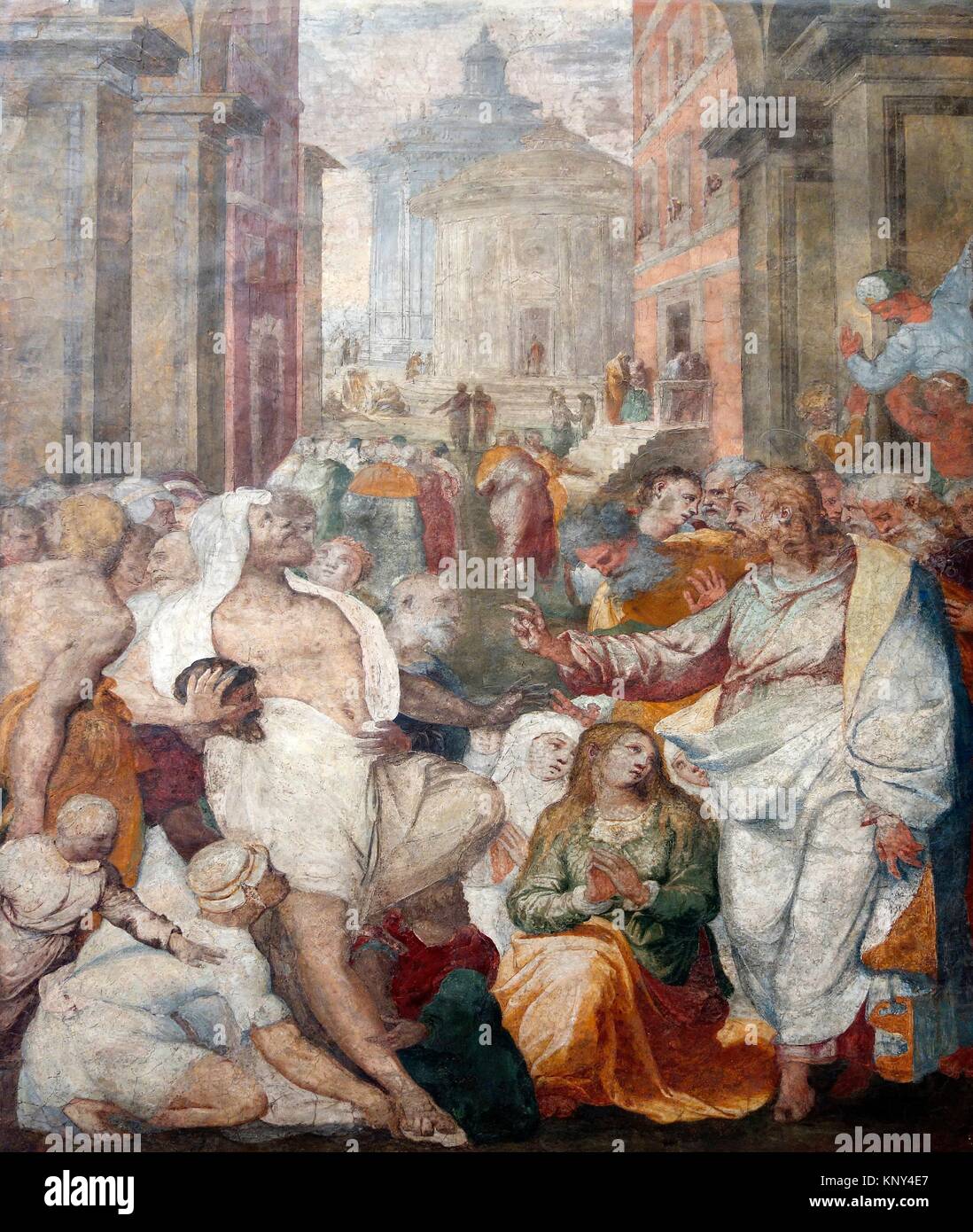 The raising of Lazarus. Perino del Vaga. Fresco transferred to Canvas. From the Massimi Chapel in the church of Santa Trinita del Monti. Italy, Roma. Stock Photo