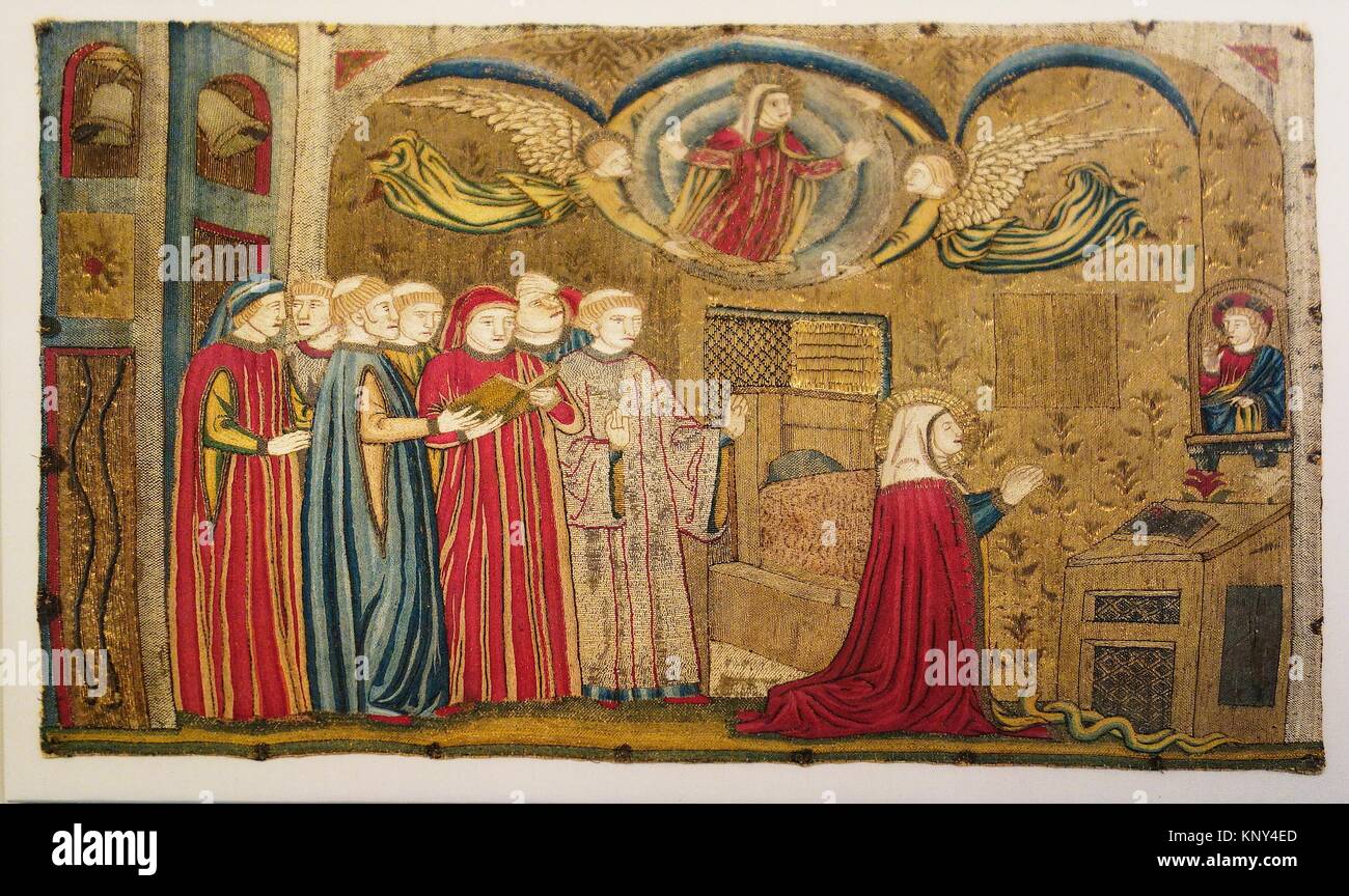 Embroidered panel with the death of blessed Verdiana Attavanti. Linen, embroidered with silks and gold thread. Italy, Florence. About 1440. The Stock Photo