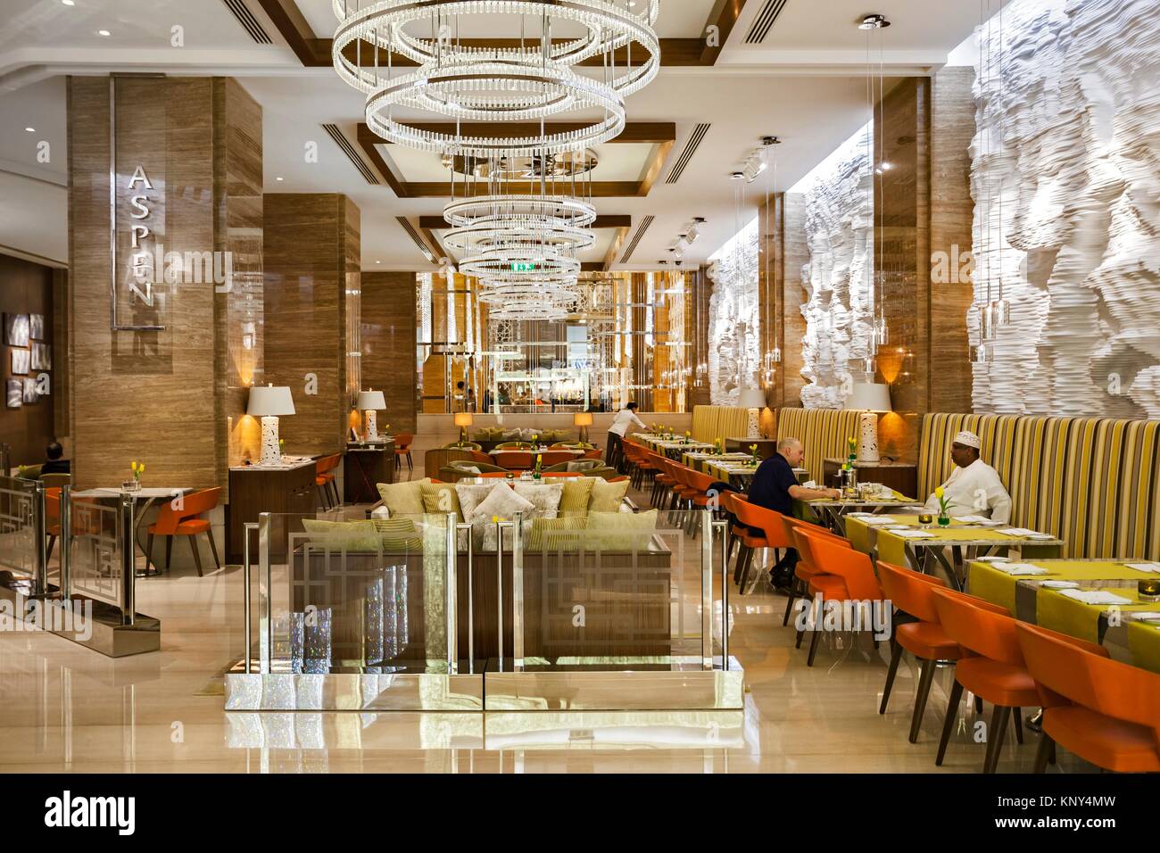 Reception bar and lounge of the 5 star Kempinski Hotel Mall of the Emirates, Al Barsha 1, Dubai, United Arab Emirates. Stock Photo