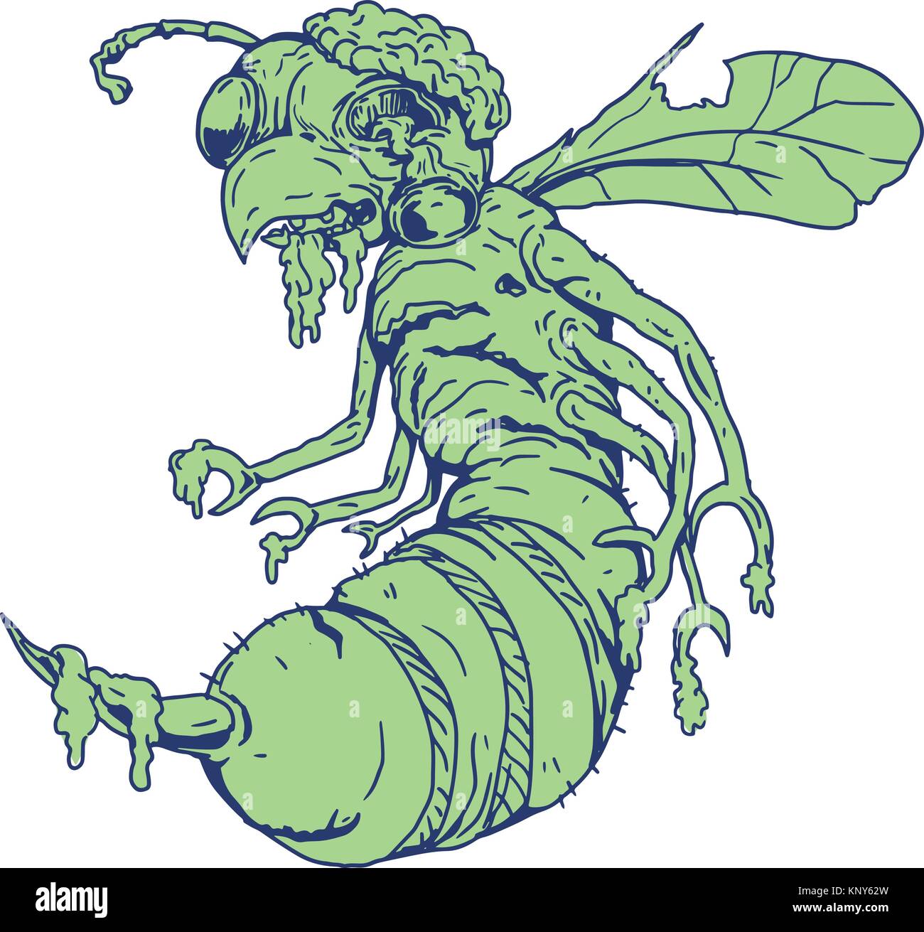 Cartoon style illustration of a zombie bee with eyes popping off and